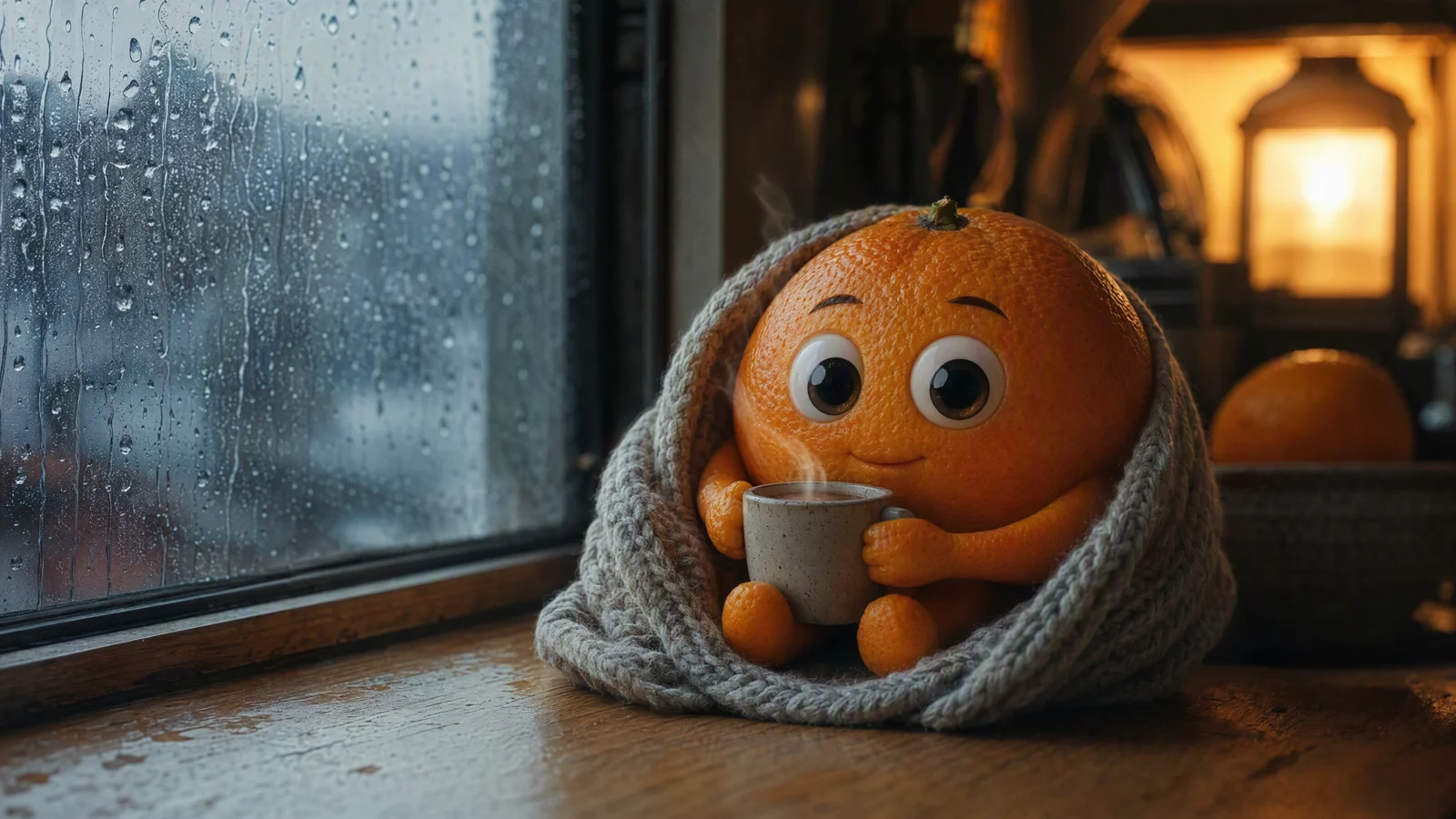 小橙子裹着毛毯坐在雨天窗边喝热饮