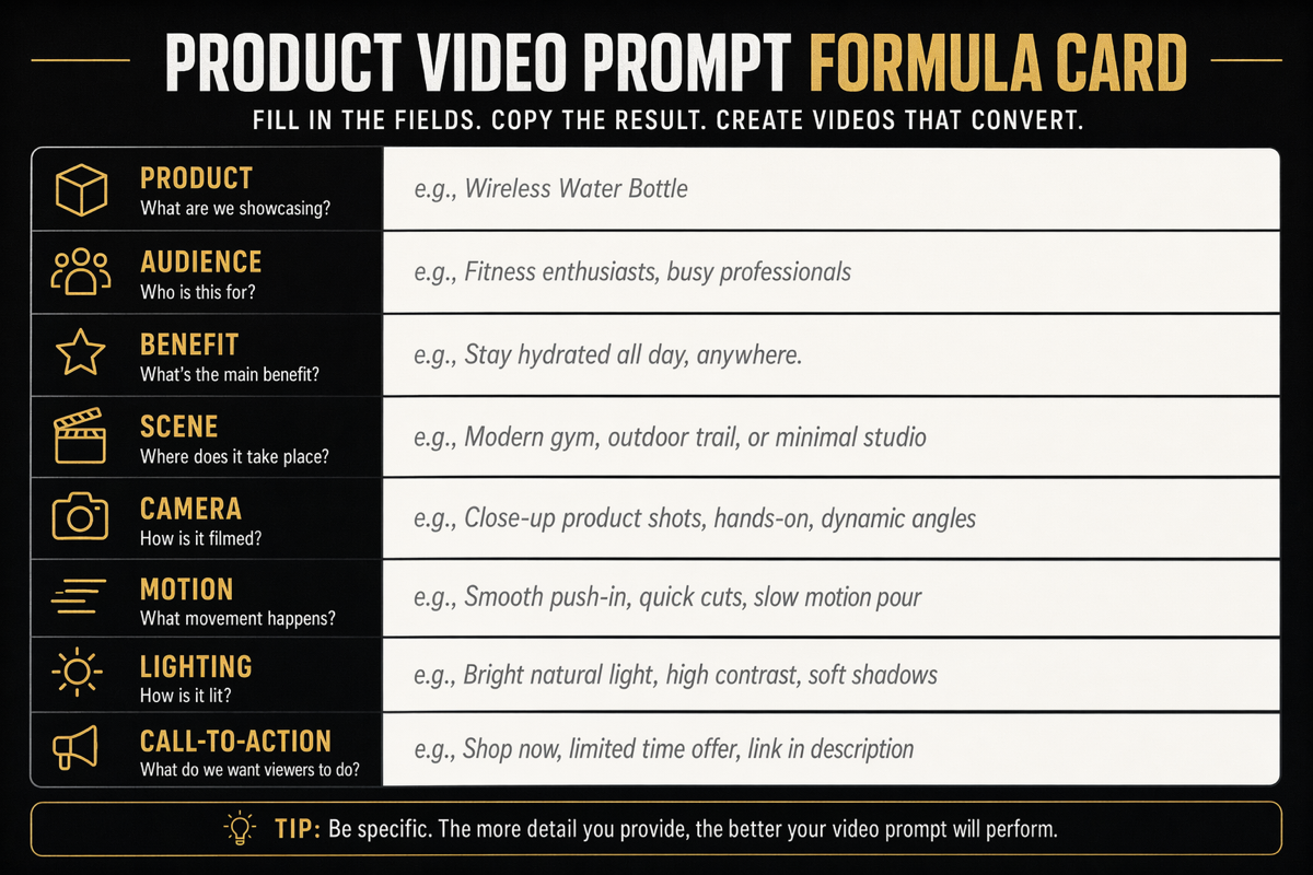 AI product video prompt formula card.