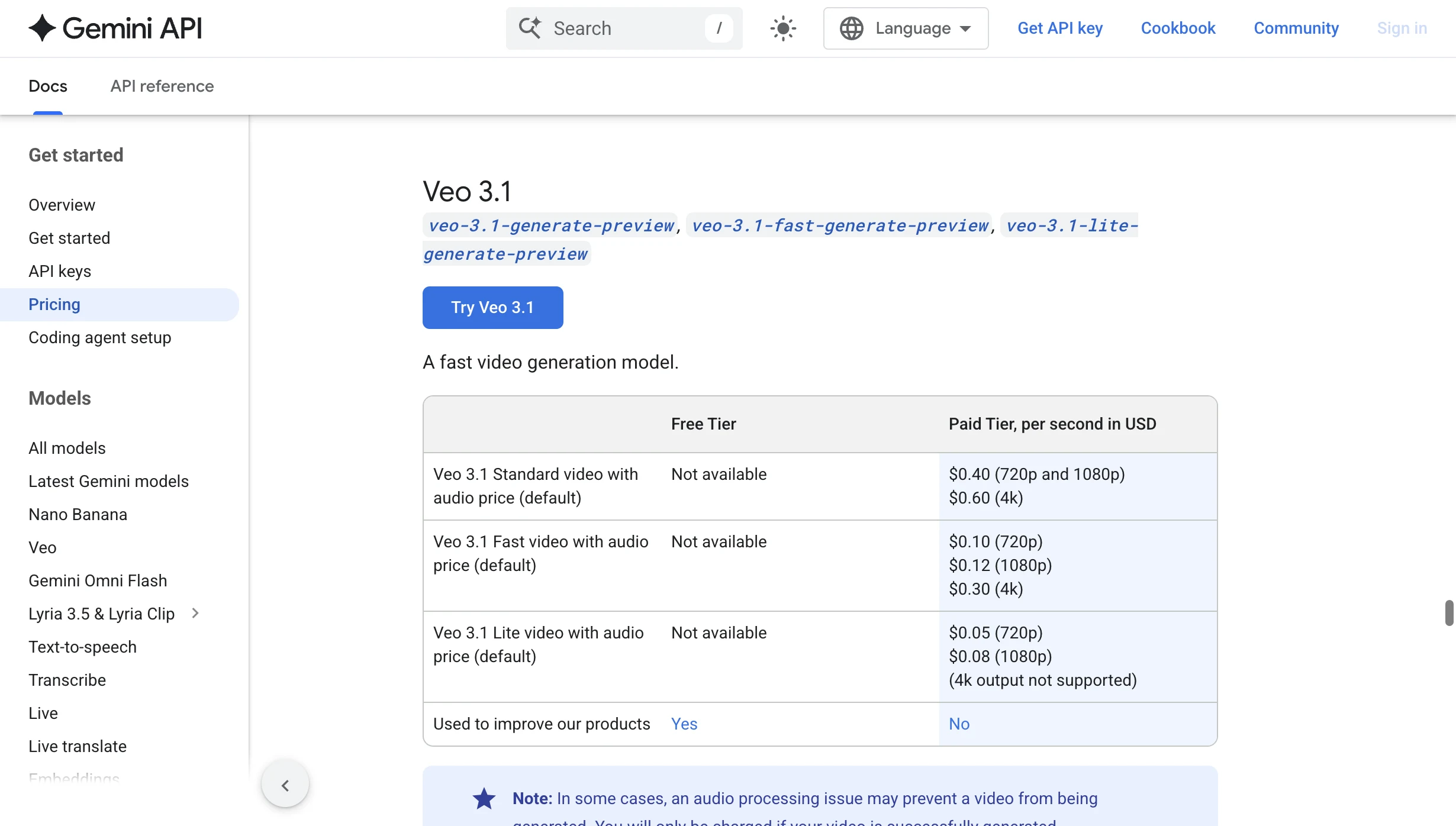 Google Gemini API Veo 3.1料金表