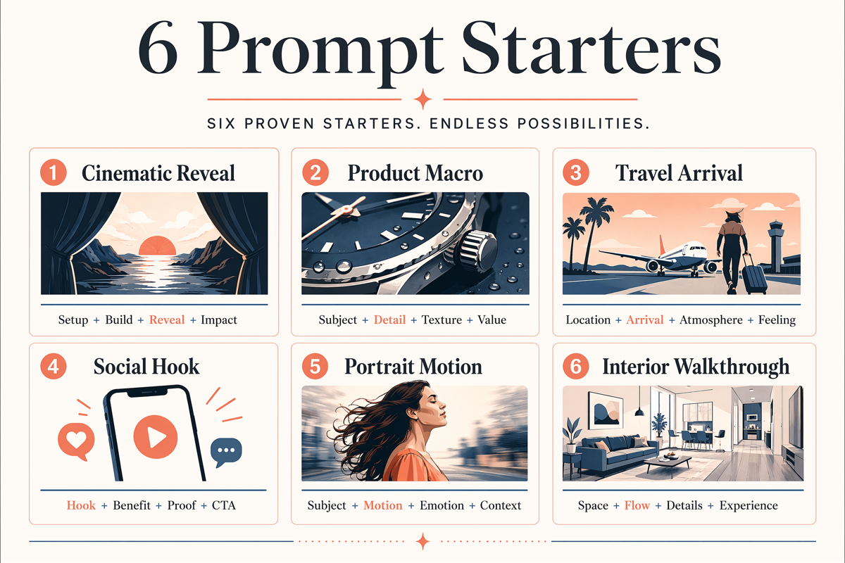 Printable AI video prompt examples card.