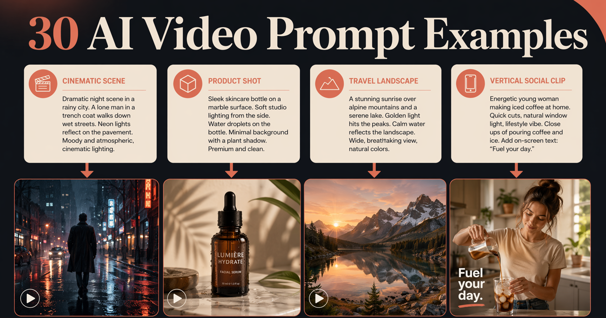 AI video prompt examples hero with prompt cards and video frames.