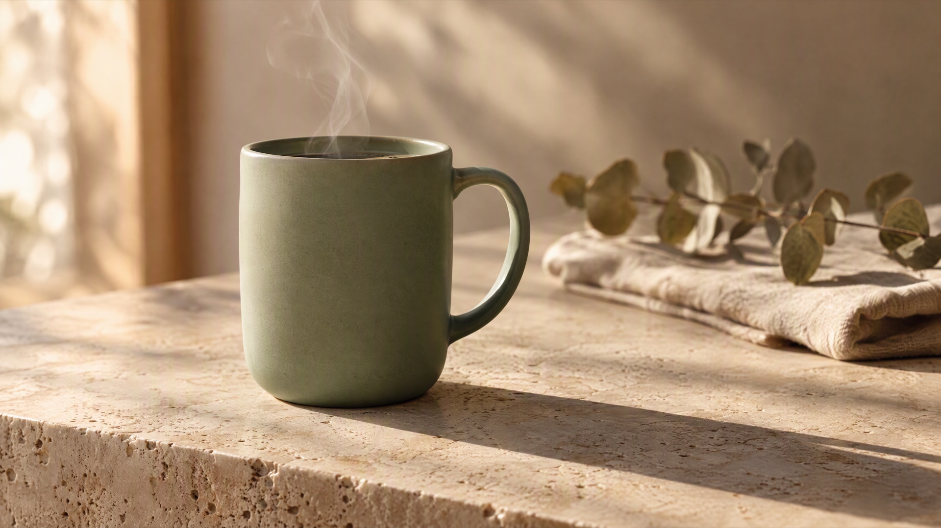 Un mug en céramique posé sur une margelle de pierre dans la lumière rasante du matin, cadrée comme une image de publicité produit finie