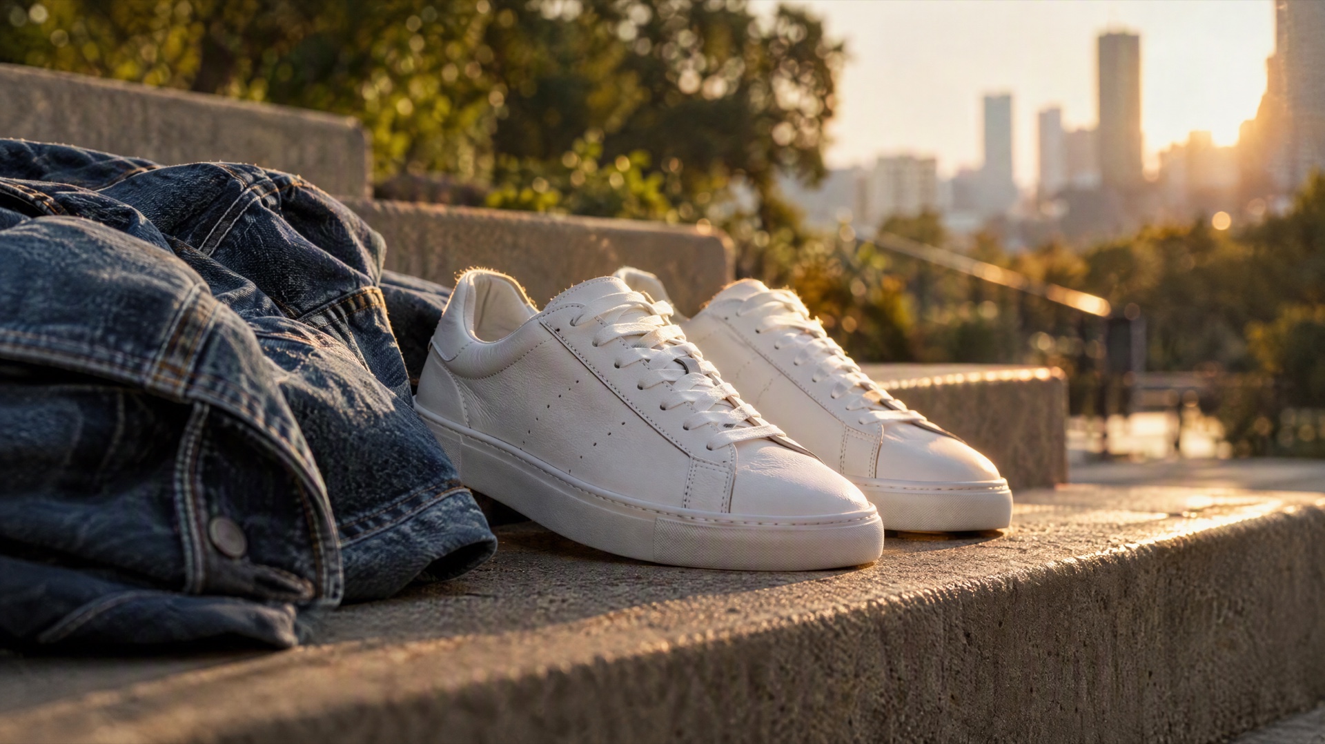 Des baskets en cuir blanc et une veste en jean sur des marches en béton ensoleillées, cadrées comme une image de publicité lifestyle finie