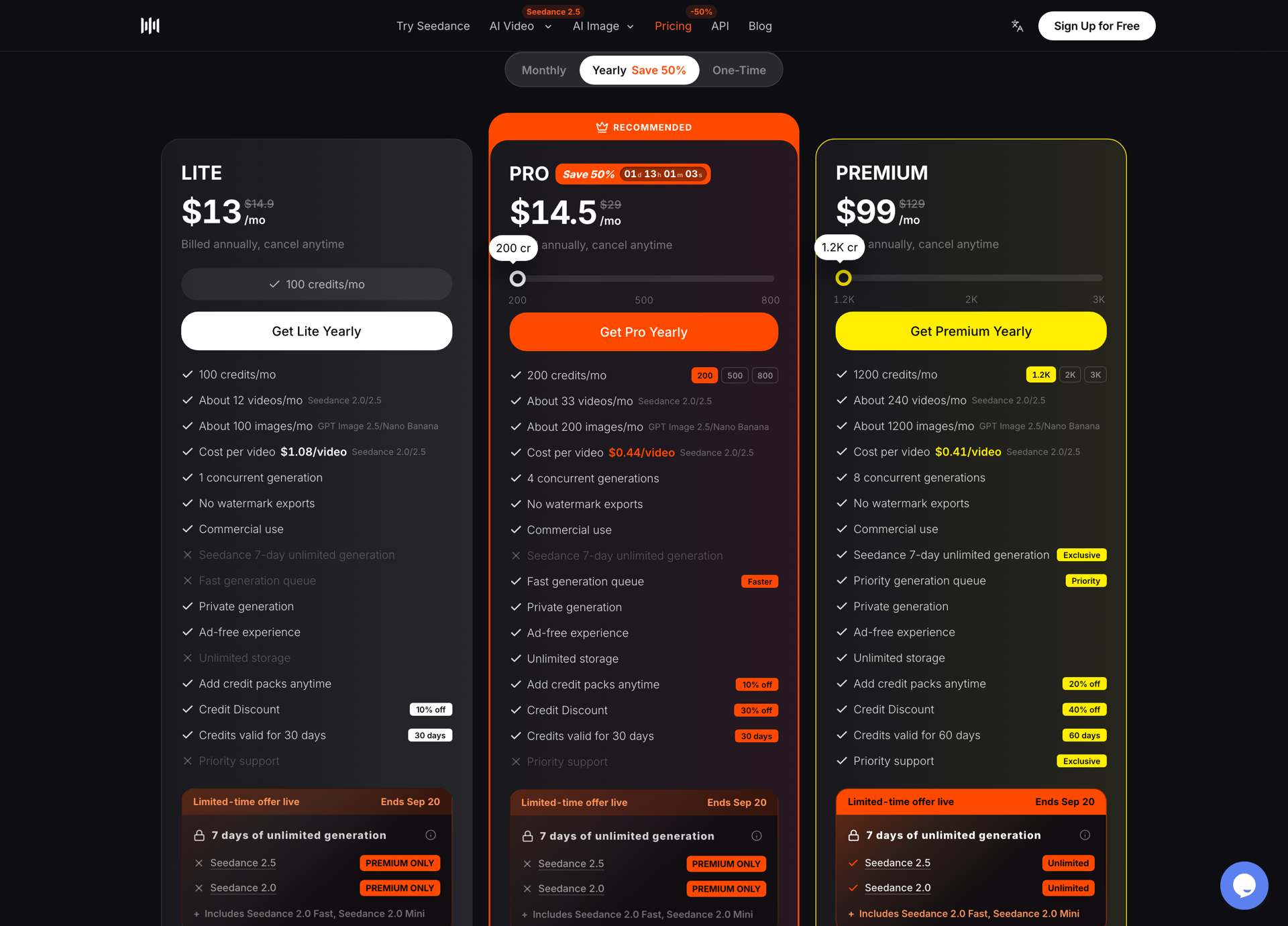La page tarifs de SeedVideo AI montrant les formules Lite, Pro et Premium avec crédits, résolution et usage commercial