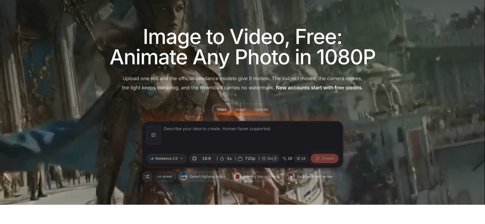 Le générateur image vers vidéo de SeedVideo AI montrant les onglets de mode, le champ de prompt, le sélecteur de modèle, le format, la durée et les réglages de résolution