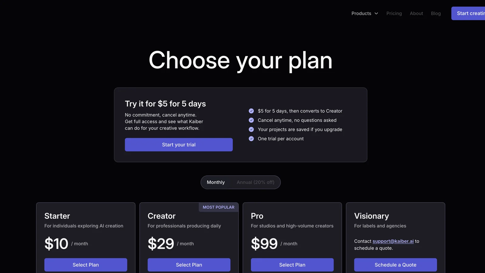 Precios oficiales de Kaiber para prueba, Starter, Creator y Pro