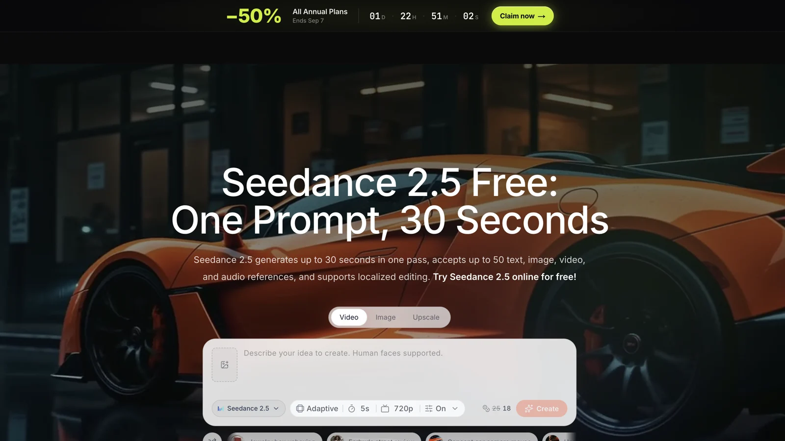 Interfaz de Seedance 2.5 con prompt, duración, resolución y audio