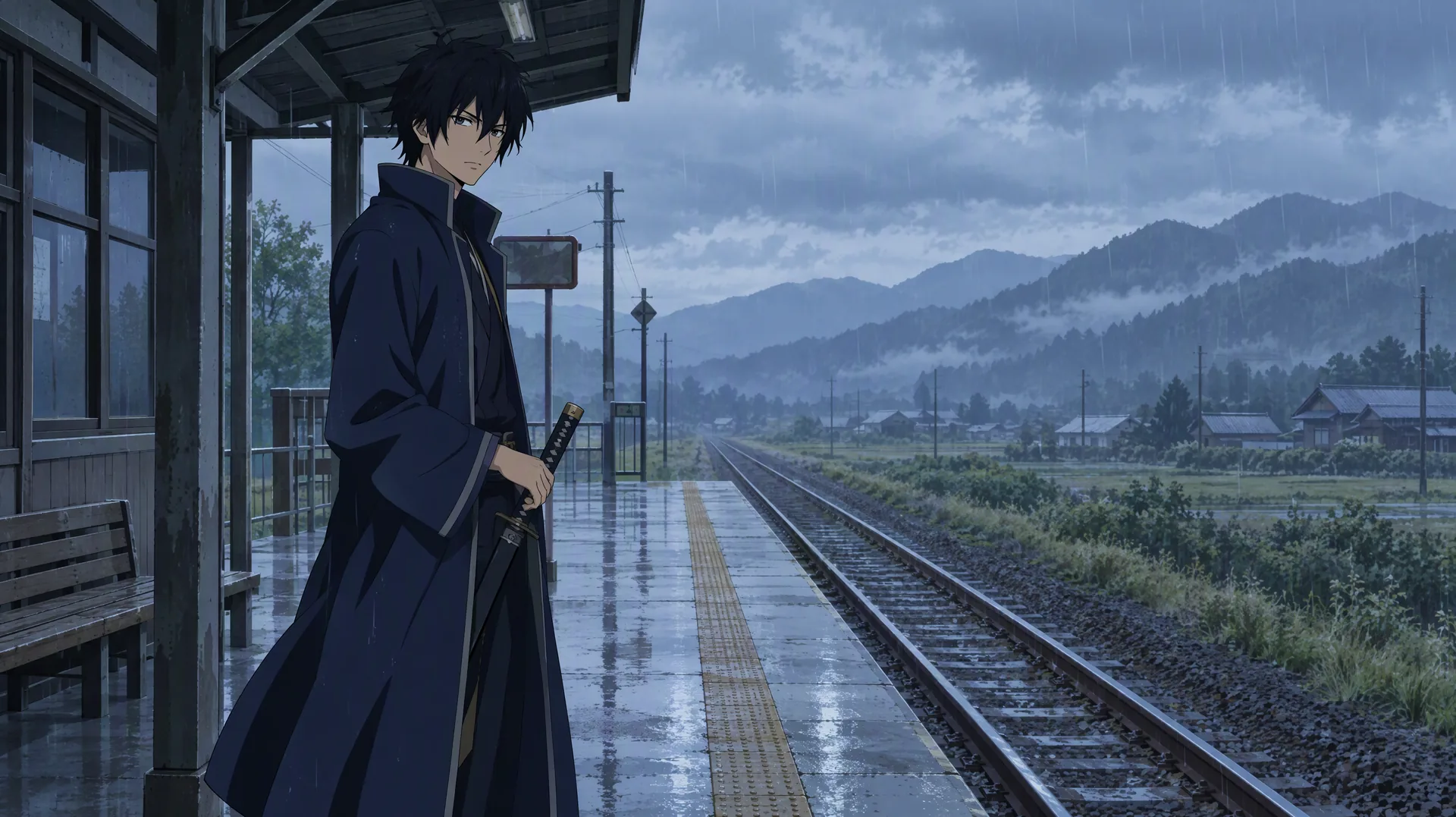 Joven espadachín de pelo negro con un abrigo largo azul marino en un andén rural bajo la lluvia, estilo anime cel-shading
