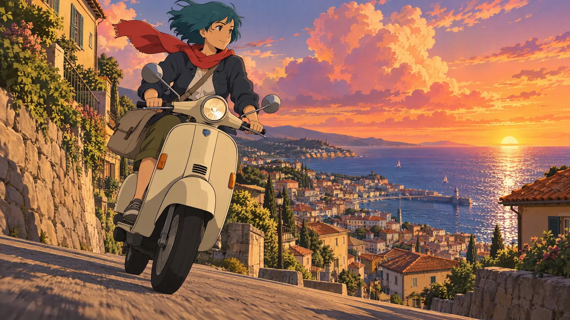Joven de pelo corto color turquesa y bufanda roja baja en una scooter crema por una calle de un pueblo costero al atardecer, en estilo anime cel-shading