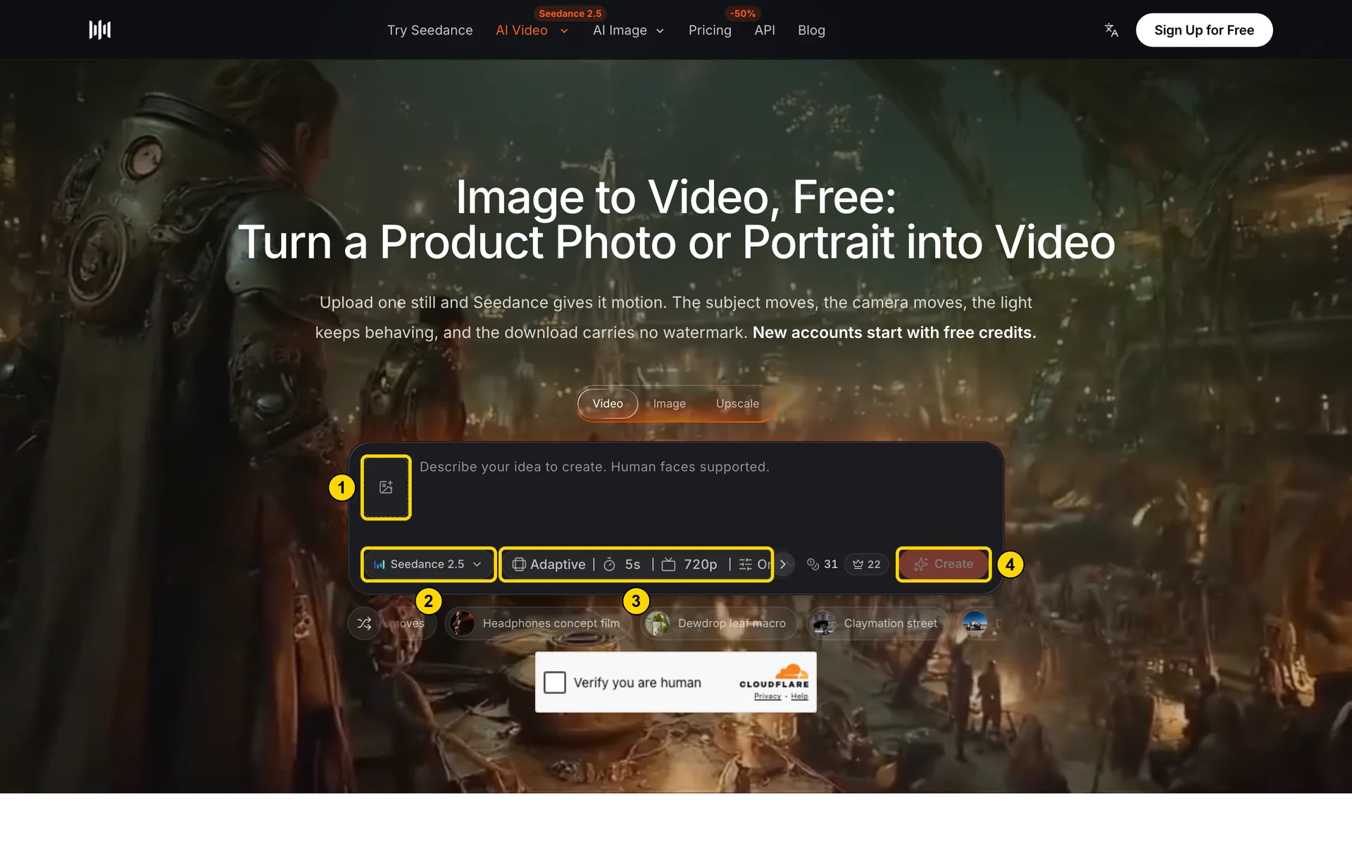 Espacio de trabajo de imagen a vídeo de SeedVideo AI con Seedance 2.5 seleccionado: hueco para subir la imagen, selector de modelo, ajustes y botón Create