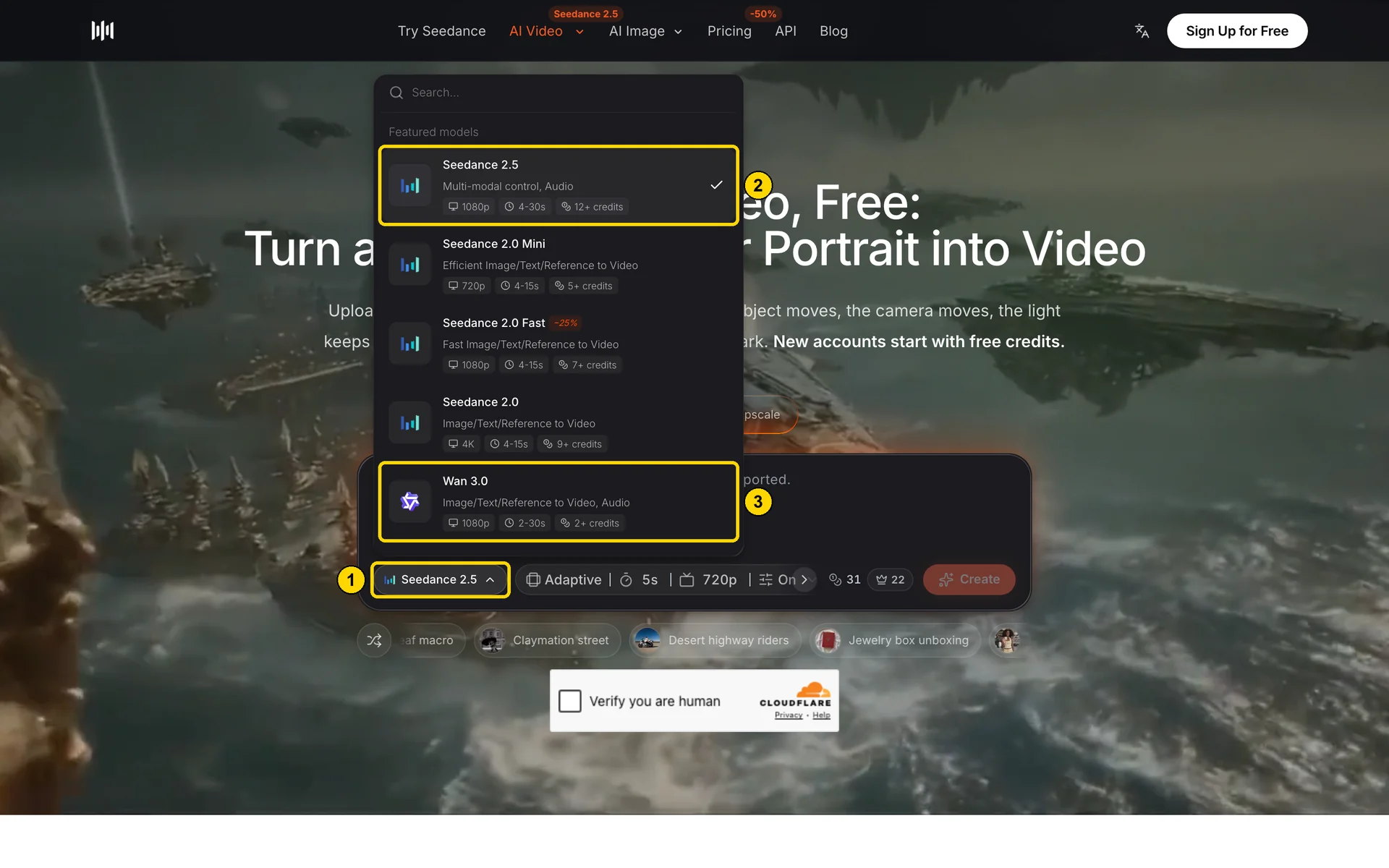 Selector de modelos abierto en la página de imagen a vídeo de SeedVideo AI, con Seedance 2.5 de 4 a 30 segundos y Wan 3.0 de 2 a 30 segundos