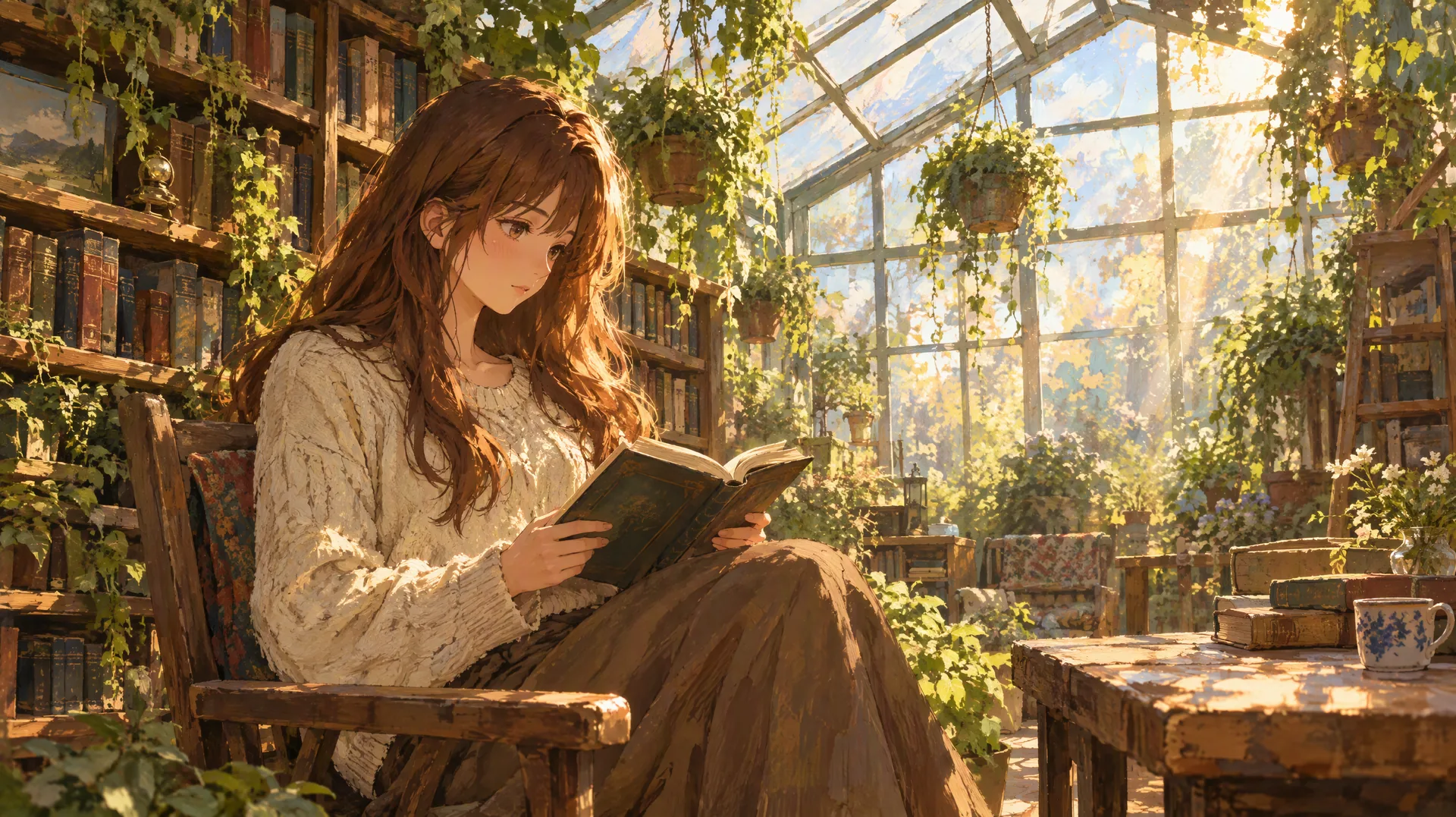 Joven de pelo largo castaño lee un libro en un invernadero de cristal soleado con estanterías, en estilo anime pictórico