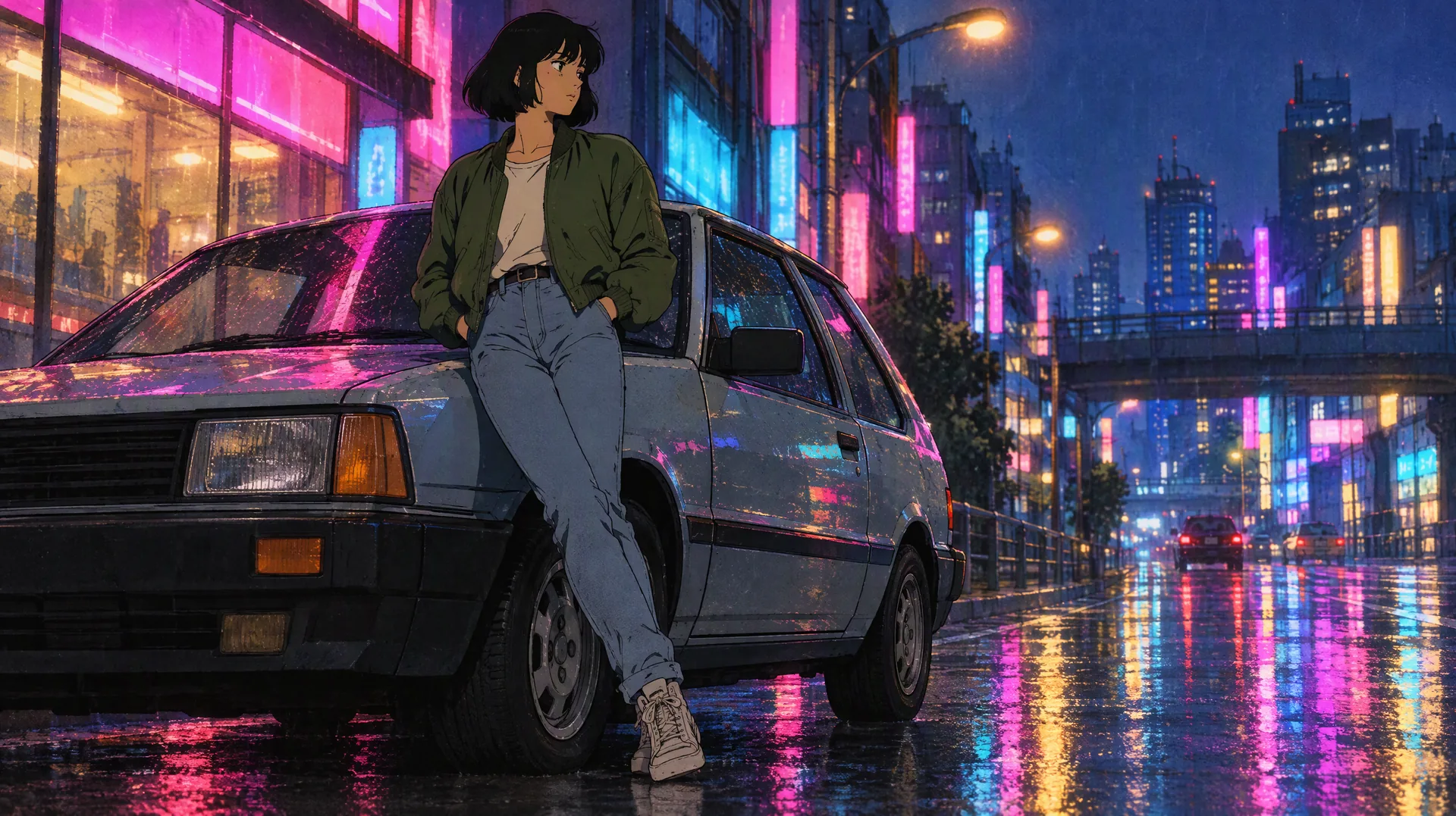 Joven con chaqueta bomber verde apoyada en un coche hatchback antiguo en una calle nocturna lluviosa con neones, estilo anime retro de los noventa