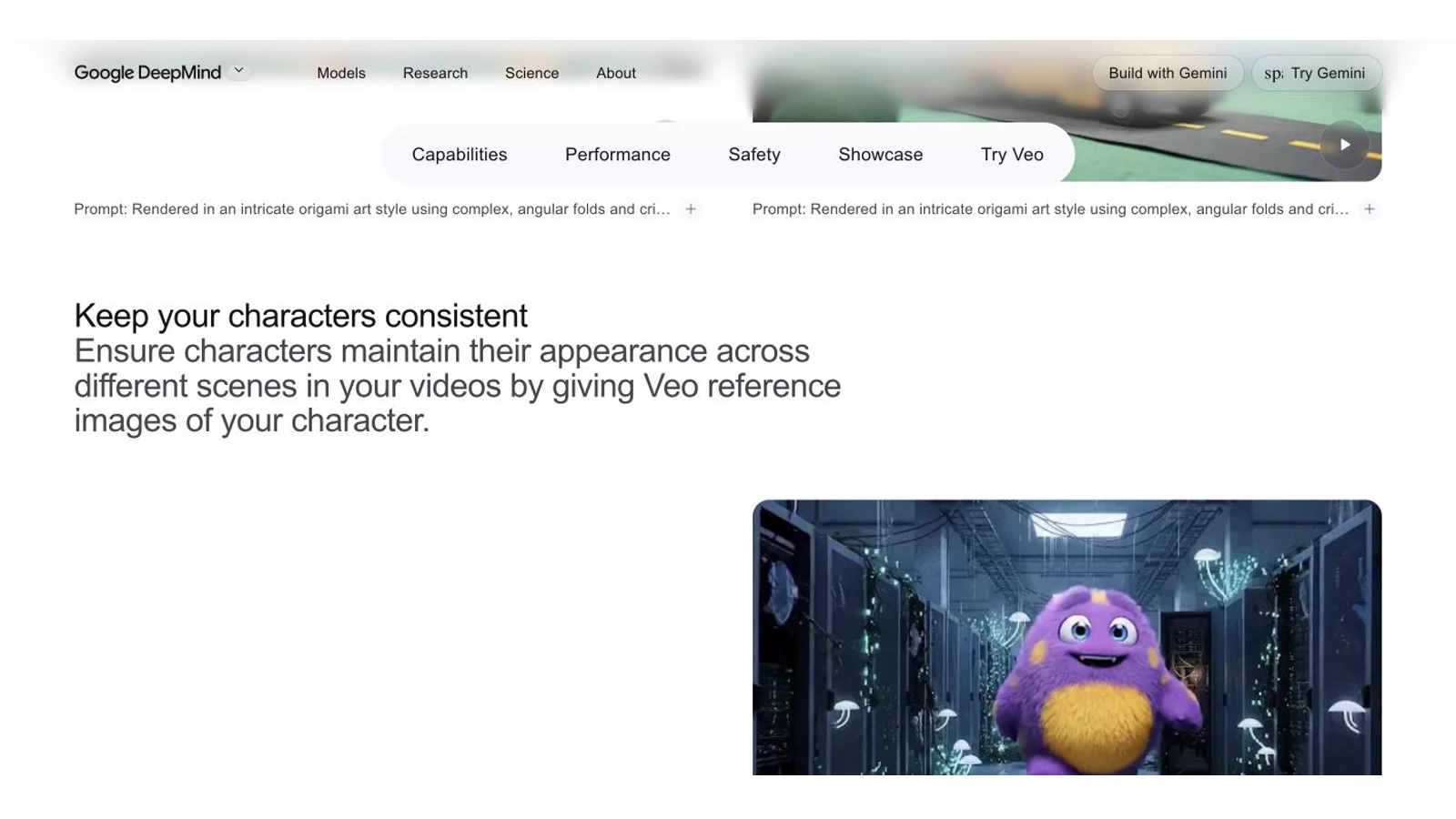 Página do Google DeepMind Veo sobre consistência de personagens