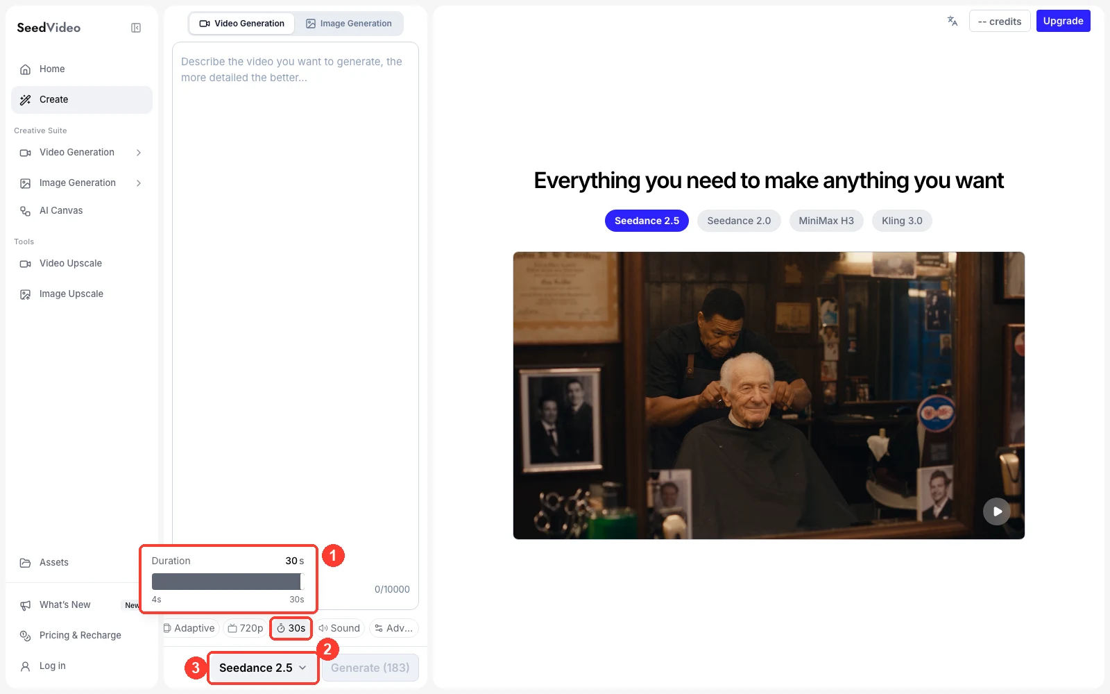 SeedVideo AI generator with Seedance 2.5 selected and the duration slider set to 30 seconds at 720p