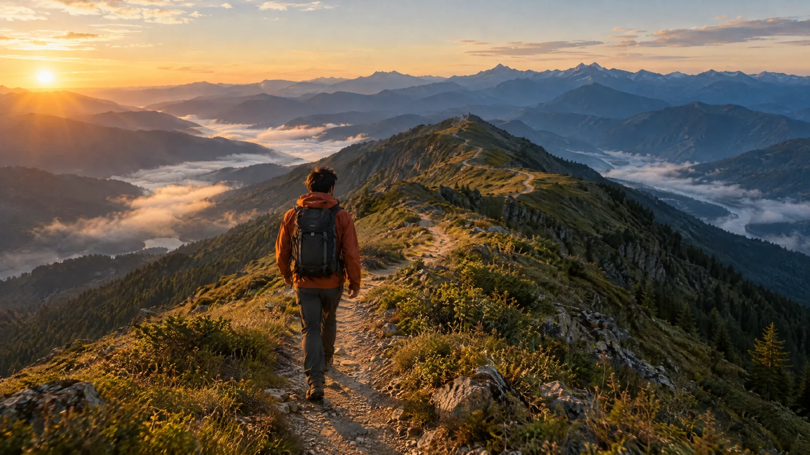 A hiker in an orange jacket walks a long mountain ridge trail at golden hour in one continuous wide shot