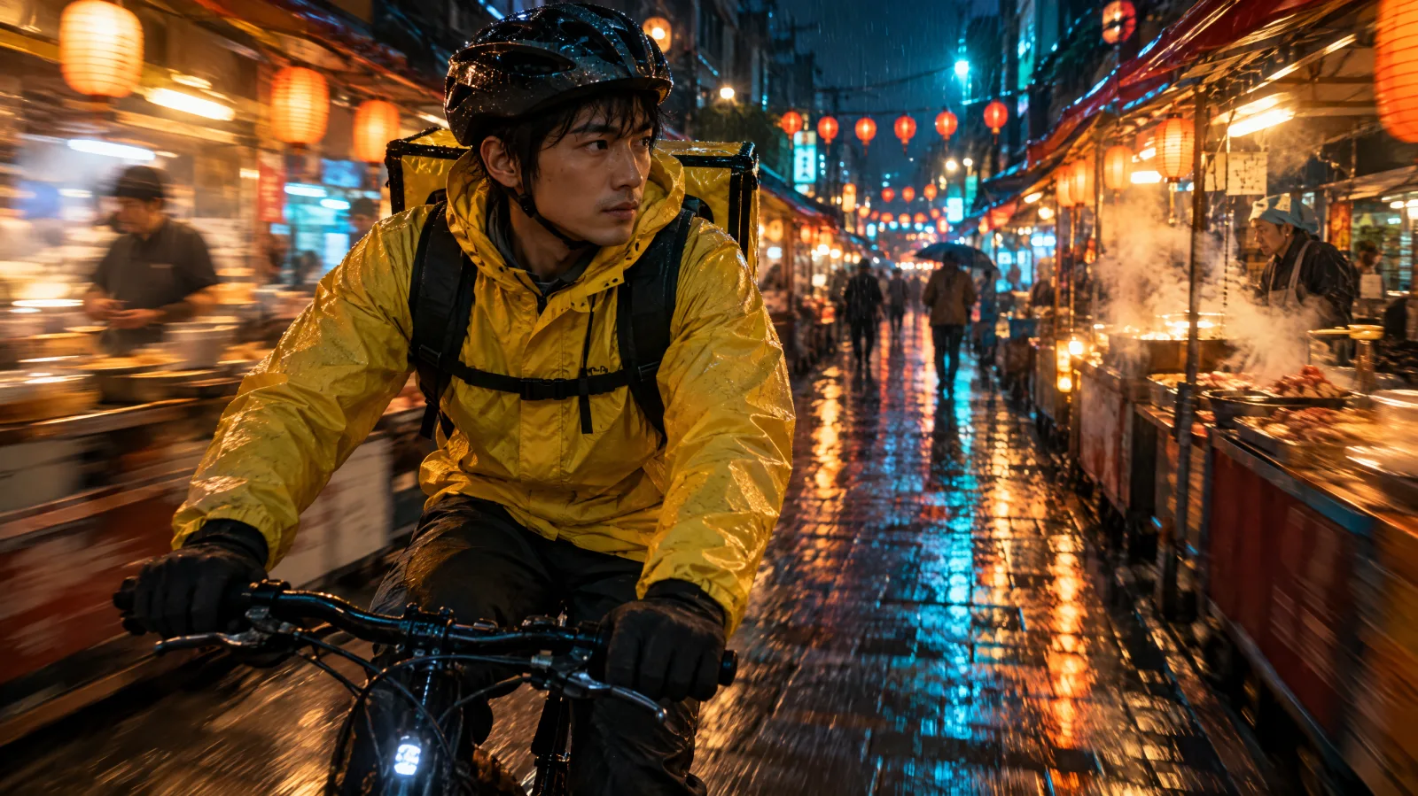A courier in a yellow rain jacket rides a bicycle through a lantern-lit night market after rain in one tracking shot