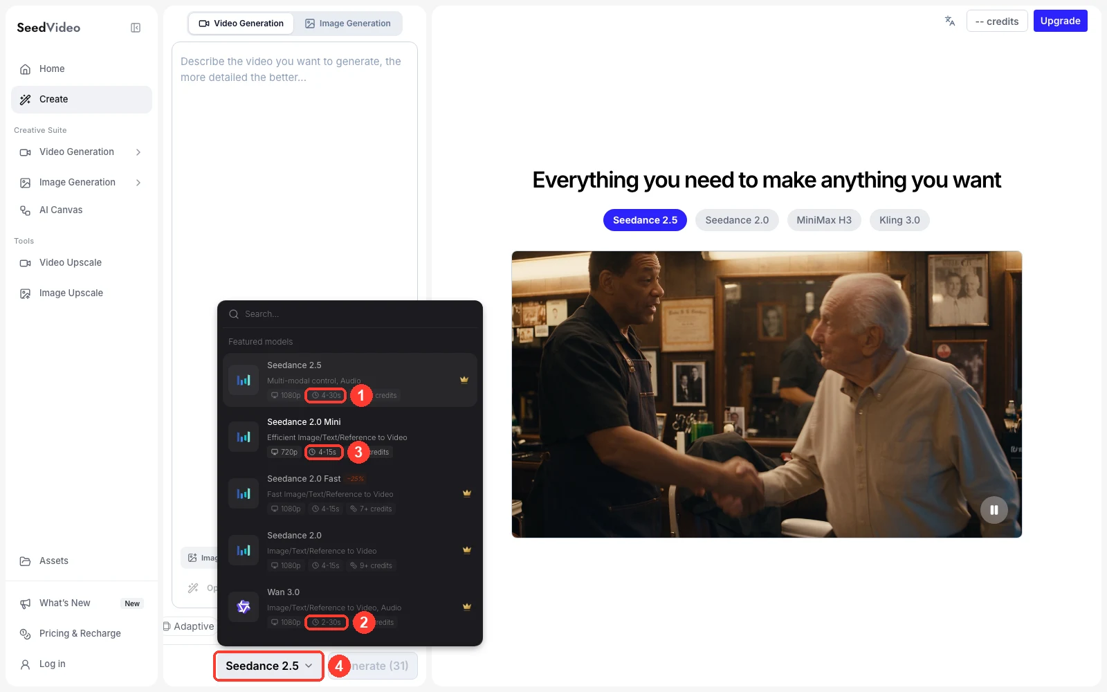 SeedVideo AI model picker listing Seedance 2.5 with 4 to 30 seconds and Wan 3.0 with 2 to 30 seconds