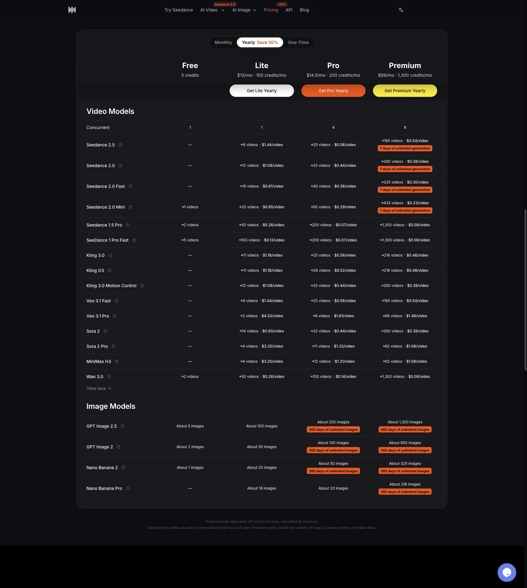 SeedVideo AI 英文价格工作区中的免费与付费模型对比