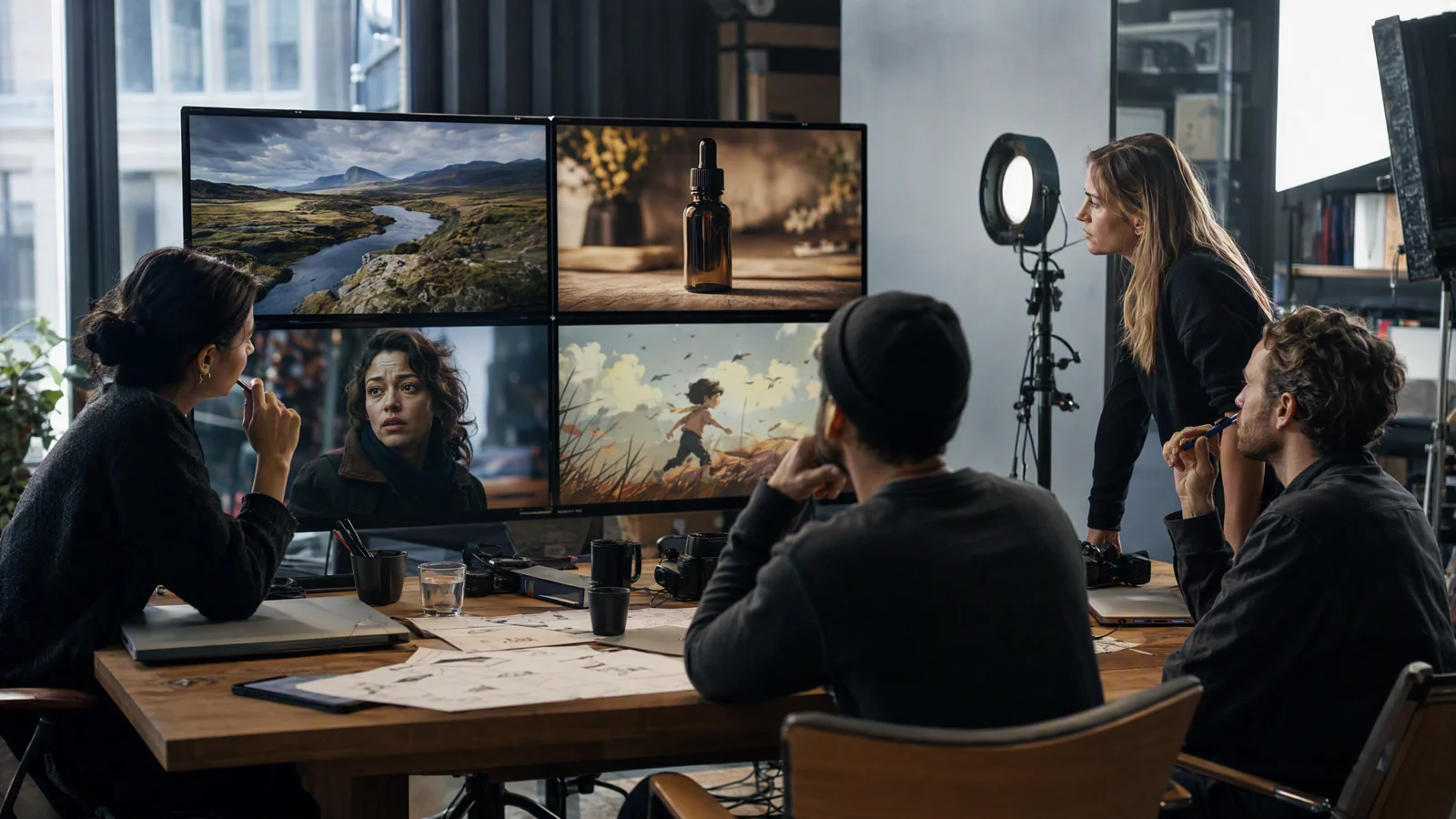 A production team comparing several types of cinematic video frames in a bright editing studio