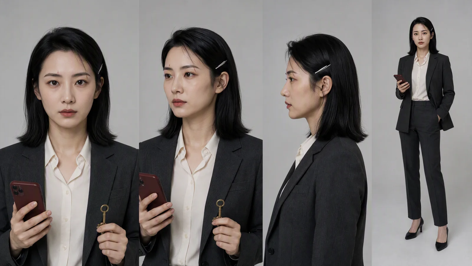 虚构女主的四视图角色设定,包含银色发夹、酒红手机和黄铜钥匙