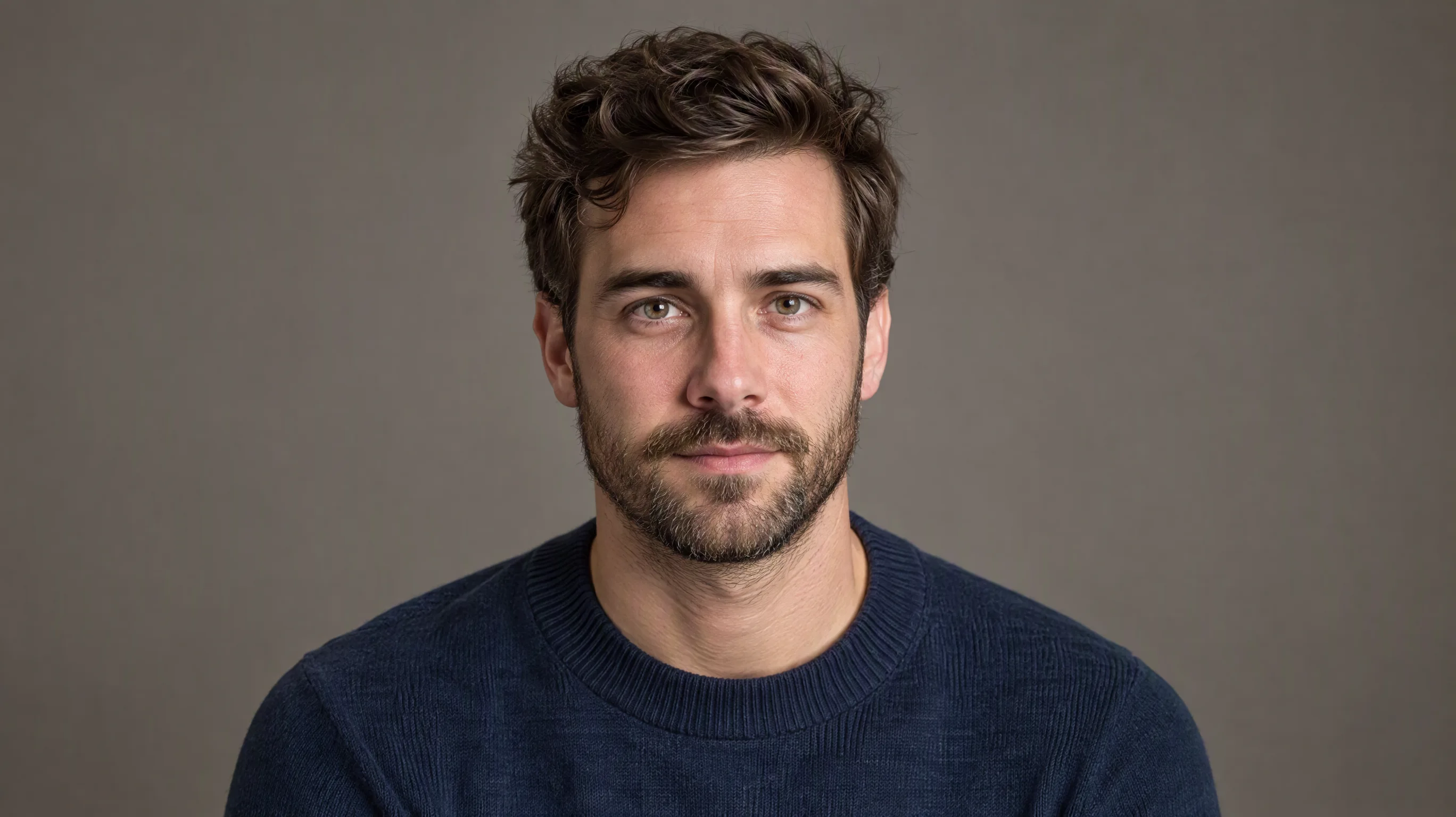 Retrato de un hombre adulto ficticio con ojos, cabello, barba y cuello visibles