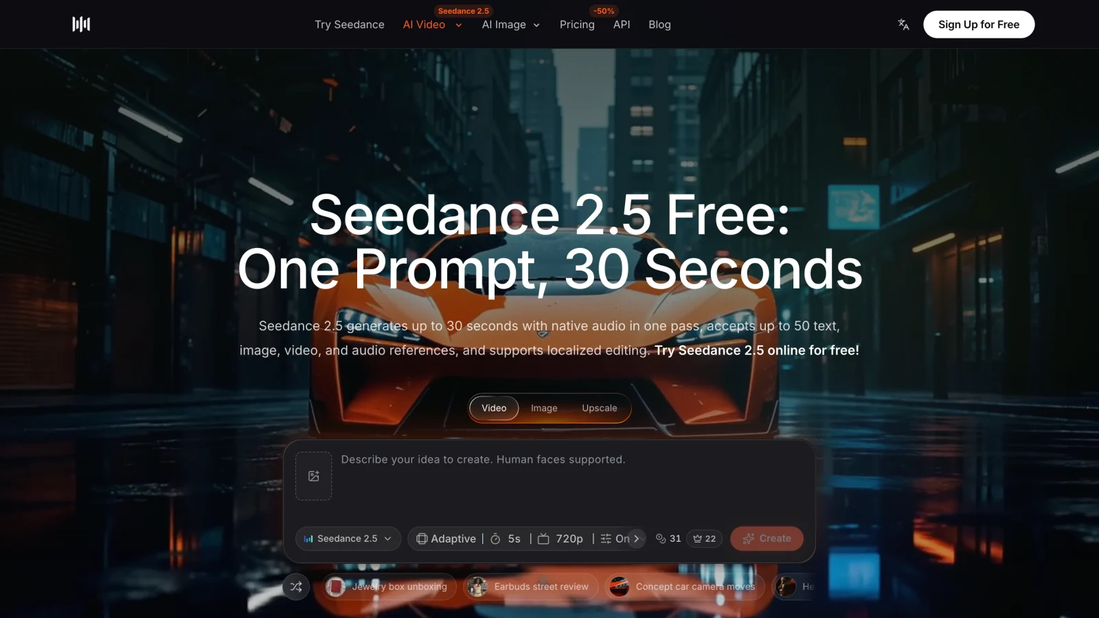 SeedVideo AI Seedance 2.5 generator page in English, with the model, 5s duration and 720p resolution settings shown under the prompt box.