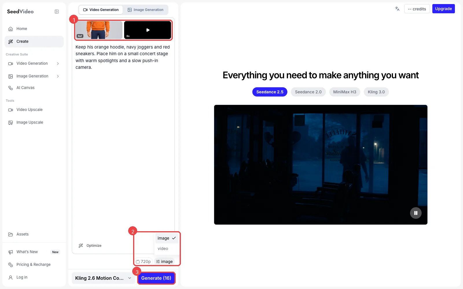 SeedVideo AI 输入框中已添加角色图和 8 秒动作视频,填好了提示词,角色朝向菜单已展开,Generate 按钮显示 16 积分