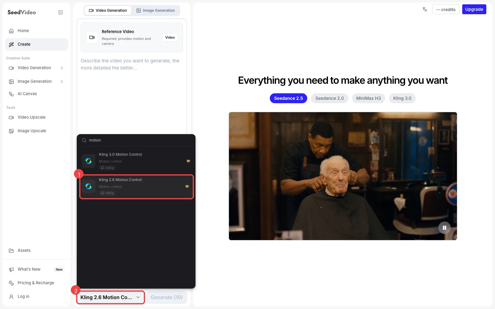 SeedVideo AI 生成器中按「motion」筛选后的模型菜单,显示 Kling 3.0 Motion Control 和 Kling 2.6 Motion Control,其中 Kling 2.6 Motion Control 被框出
