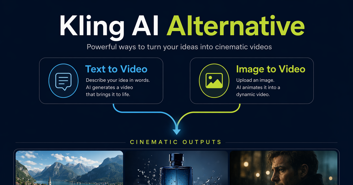 Kling AI alternative hero showing text-to-video and image-to-video workflows.