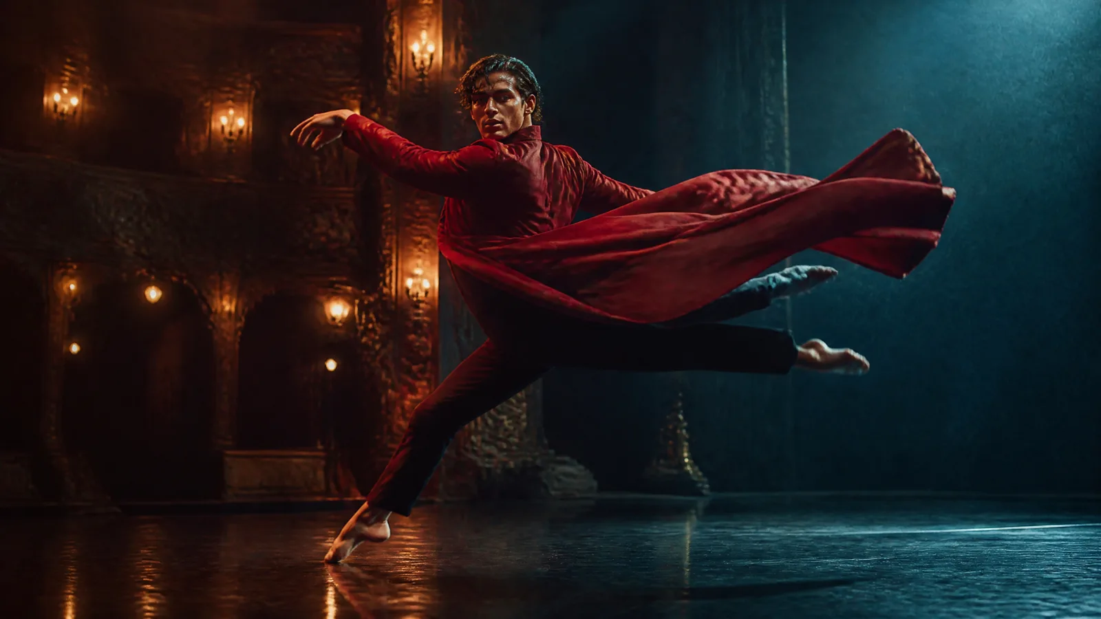 A fictional dancer in a crimson coat performs a turning leap on a dramatic theater stage.