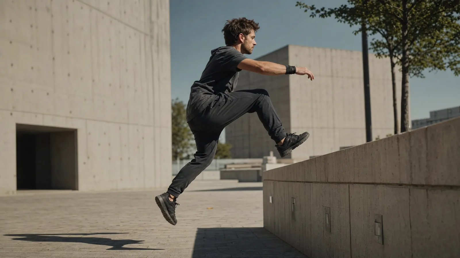A fictional parkour athlete clears a low concrete barrier in a clean side-profile frame.