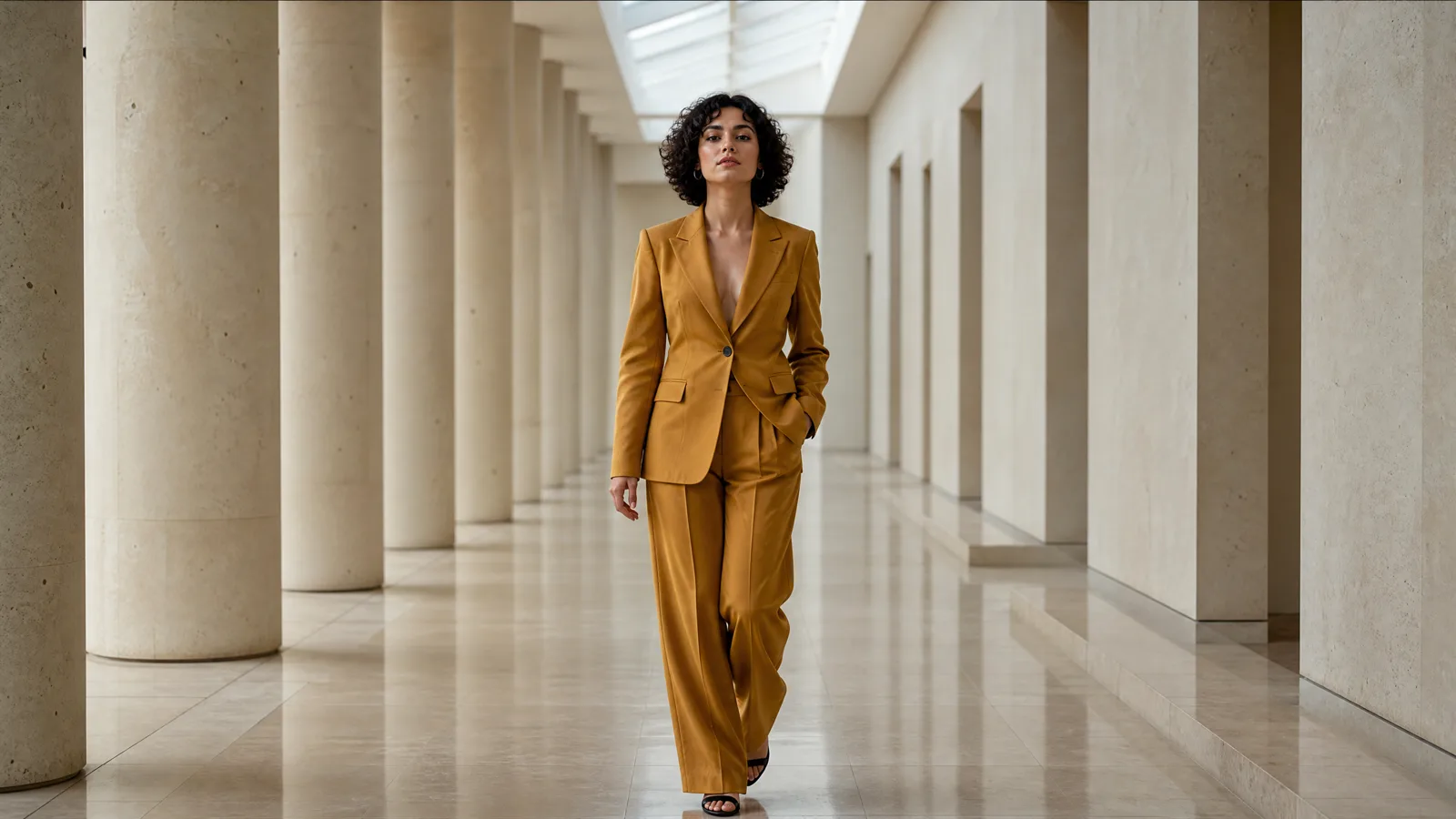 A fictional woman in a mustard suit walks through a pale-stone gallery with clear subject and background separation.
