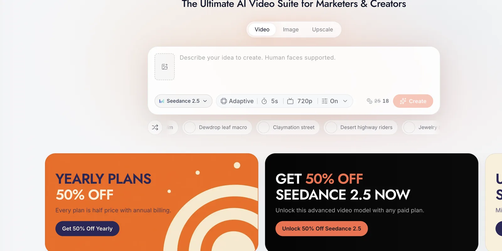 Seedance 2.5 が選択された SeedVideo AI コンポーザー、5 秒の長さ、720p 解像度、オーディオ有効、および現在のクレジット引用