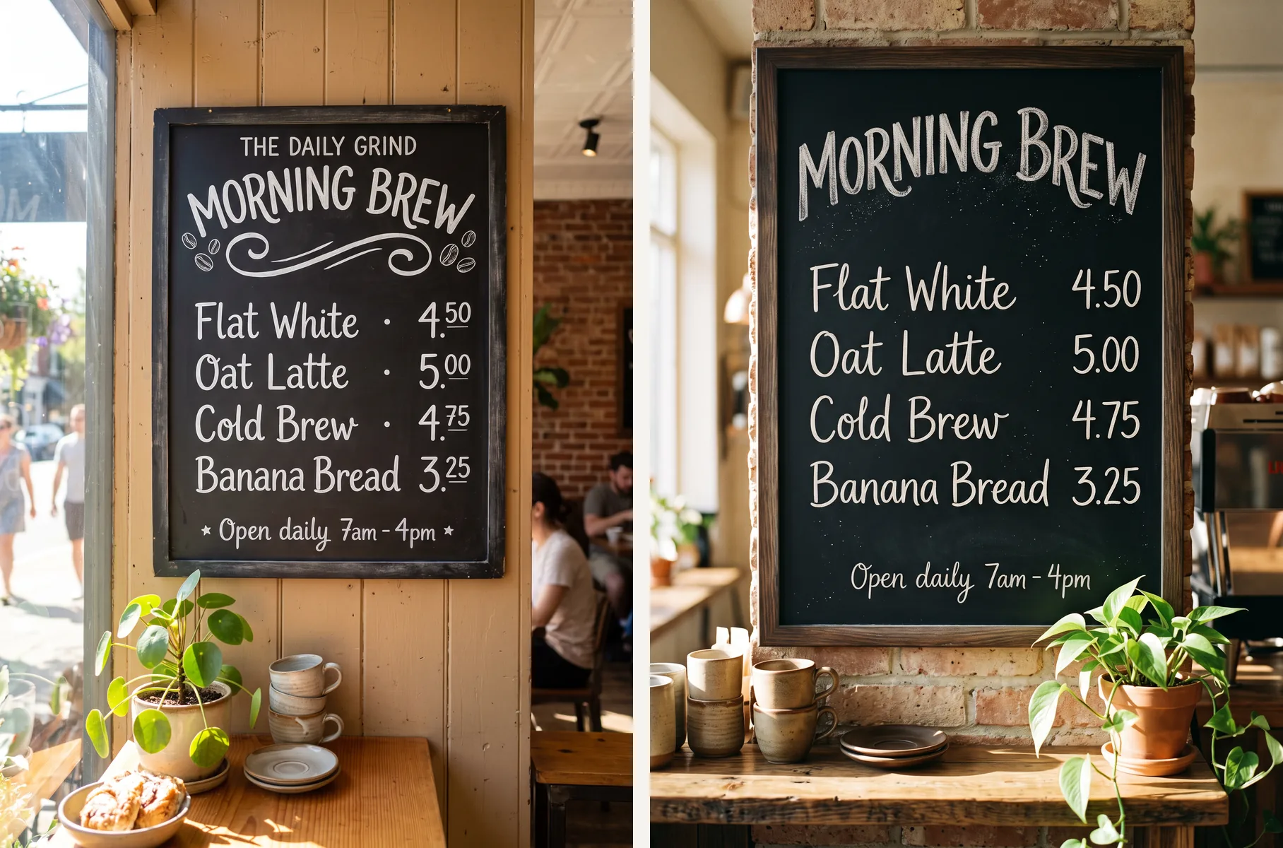 Two chalkboard coffee-shop menus side by side, generated by Nano Banana 2 on the left and Nano Banana 2.1 on the right