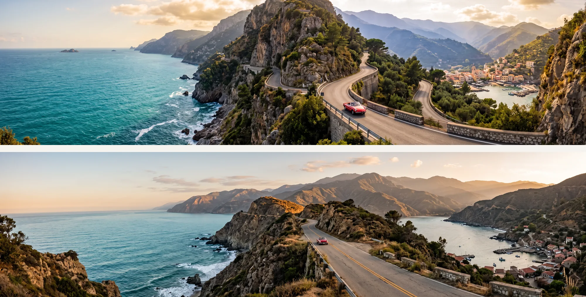 Two ultra-wide coastal road panoramas stacked, Nano Banana 2 on top and Nano Banana 2.1 below