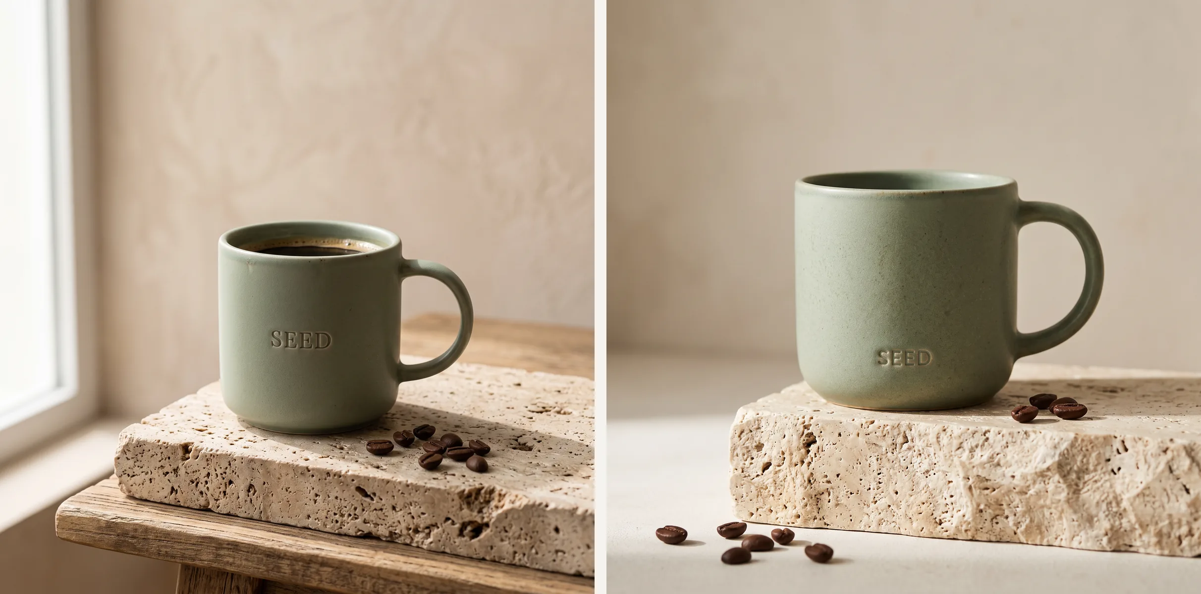 Two sage-green ceramic mugs with an embossed SEED logo on travertine stone, Nano Banana 2 on the left and Nano Banana 2.1 on the right