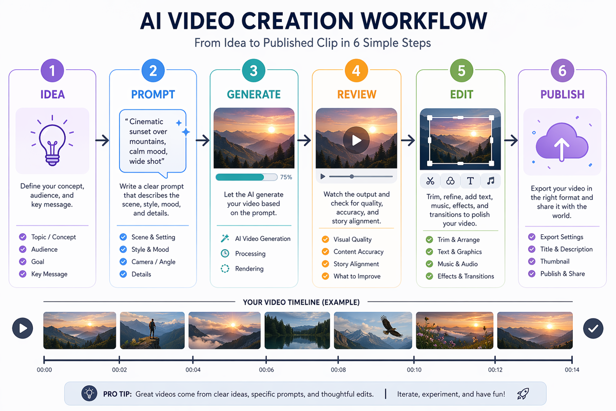 AI video creator workflow from idea to published clip.