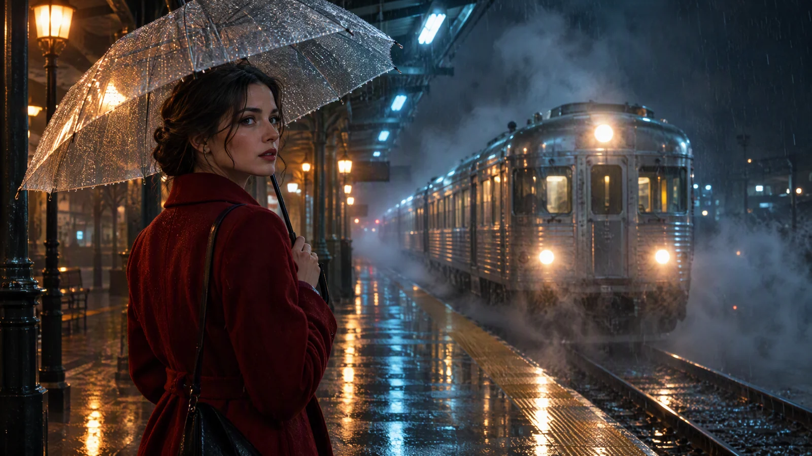 Una mujer con abrigo rojo espera un tren en un andén nocturno bajo la lluvia