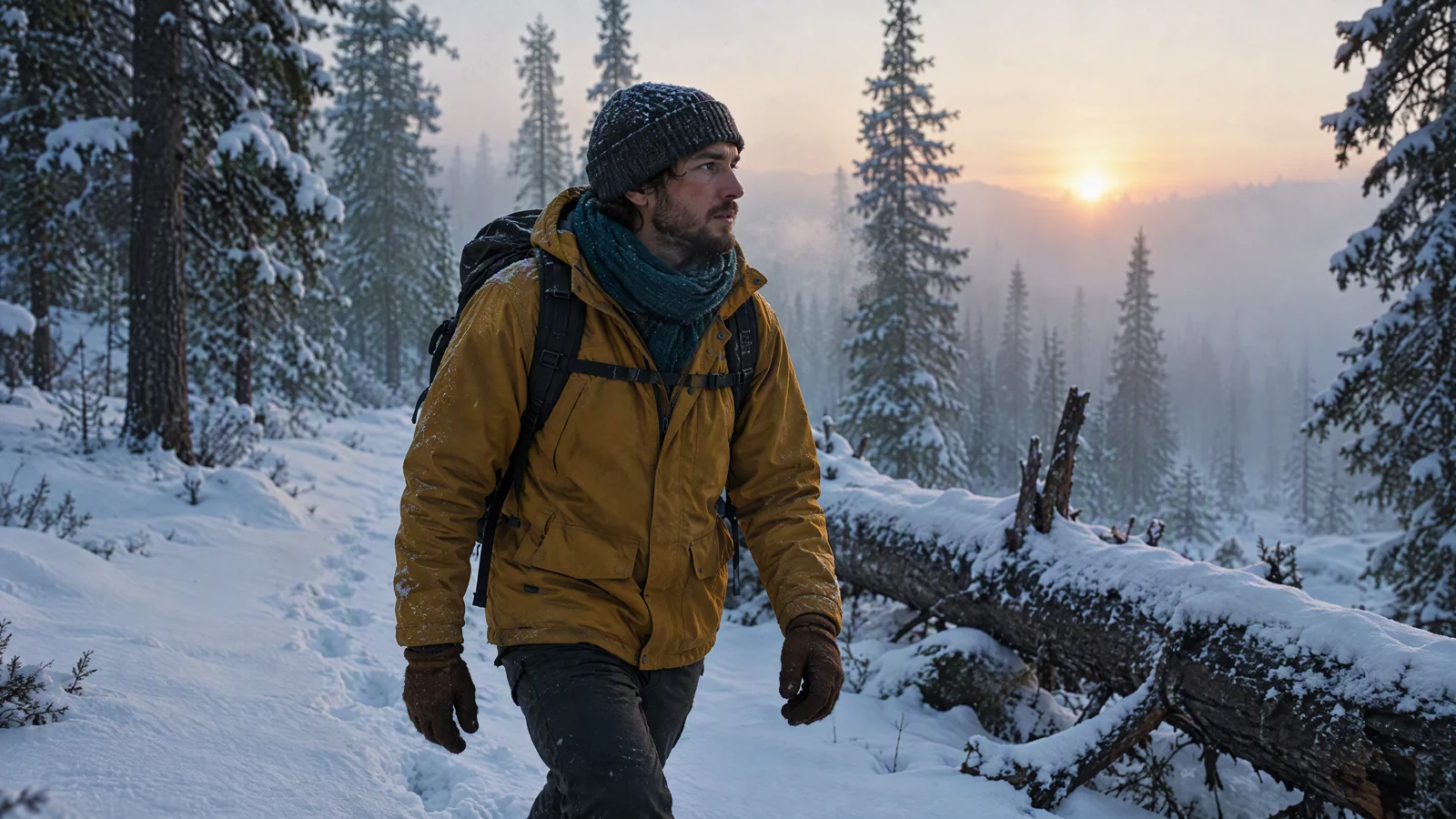 Un explorador con chaqueta mostaza atraviesa un bosque nevado al amanecer