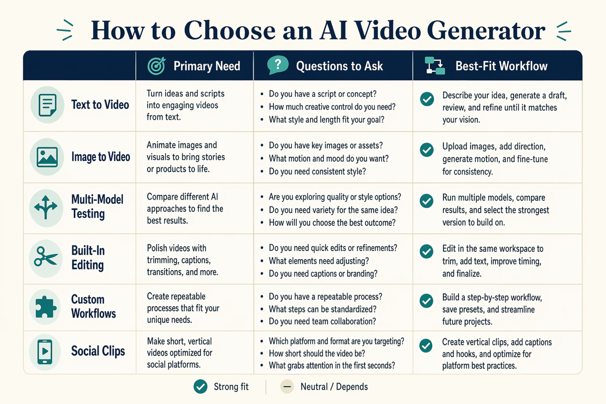 Decision matrix for choosing an AI video generator.