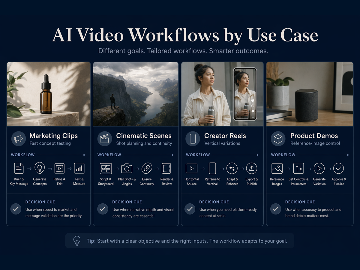 Use case cards for AI video generation workflows.