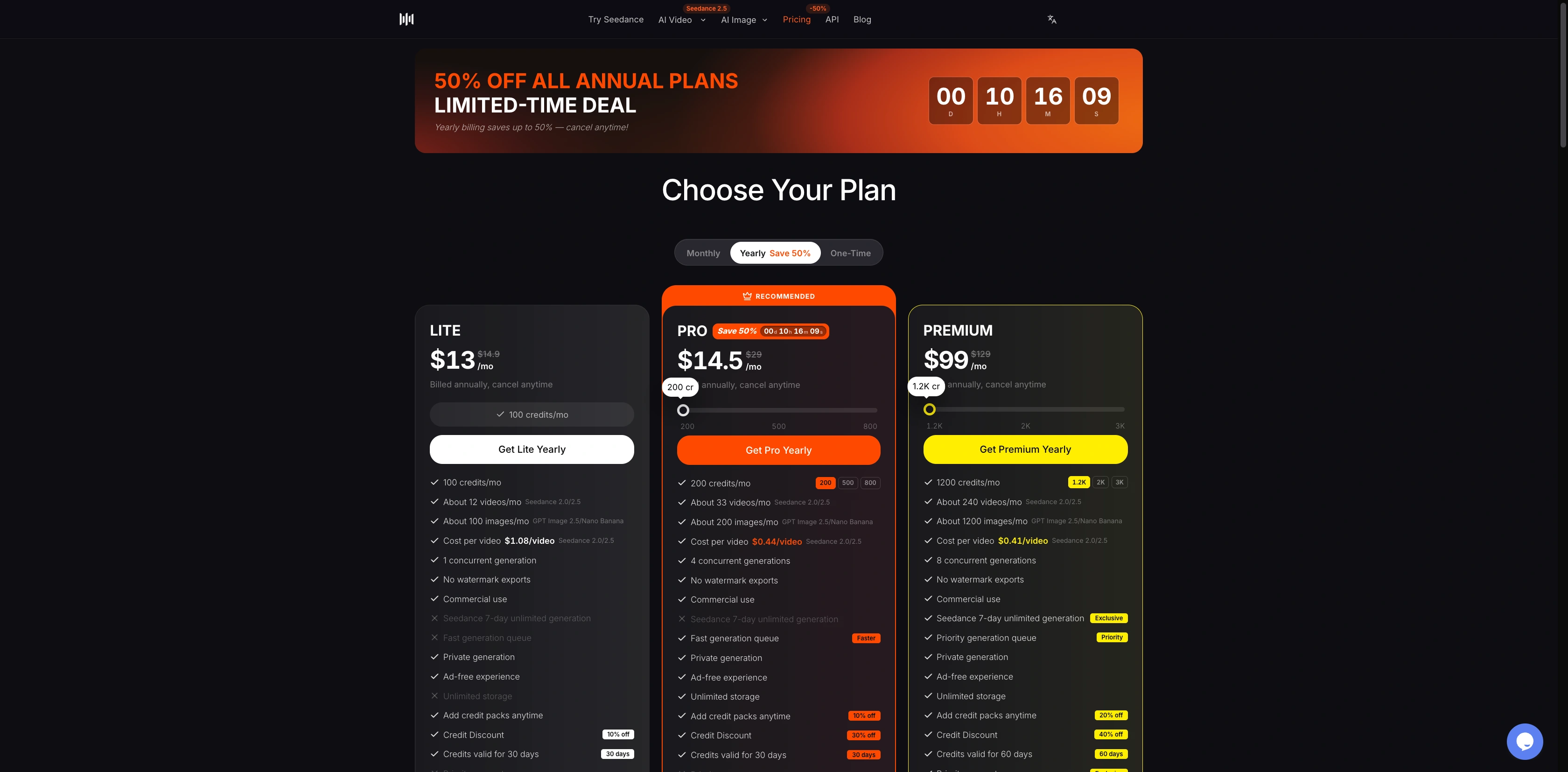 Годовые планы SeedVideo AI Lite, Pro и Premium