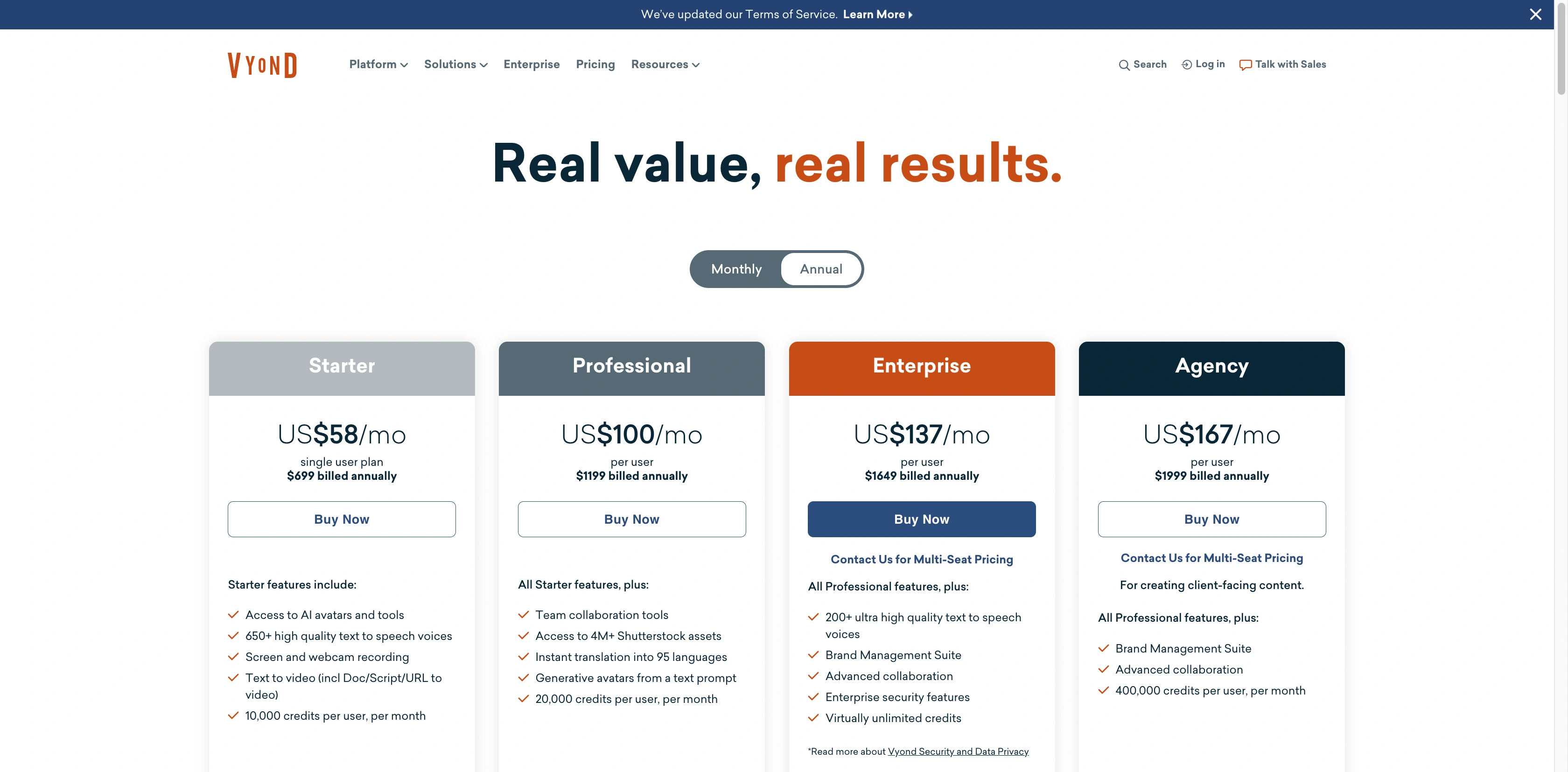Vyond annual pricing plans