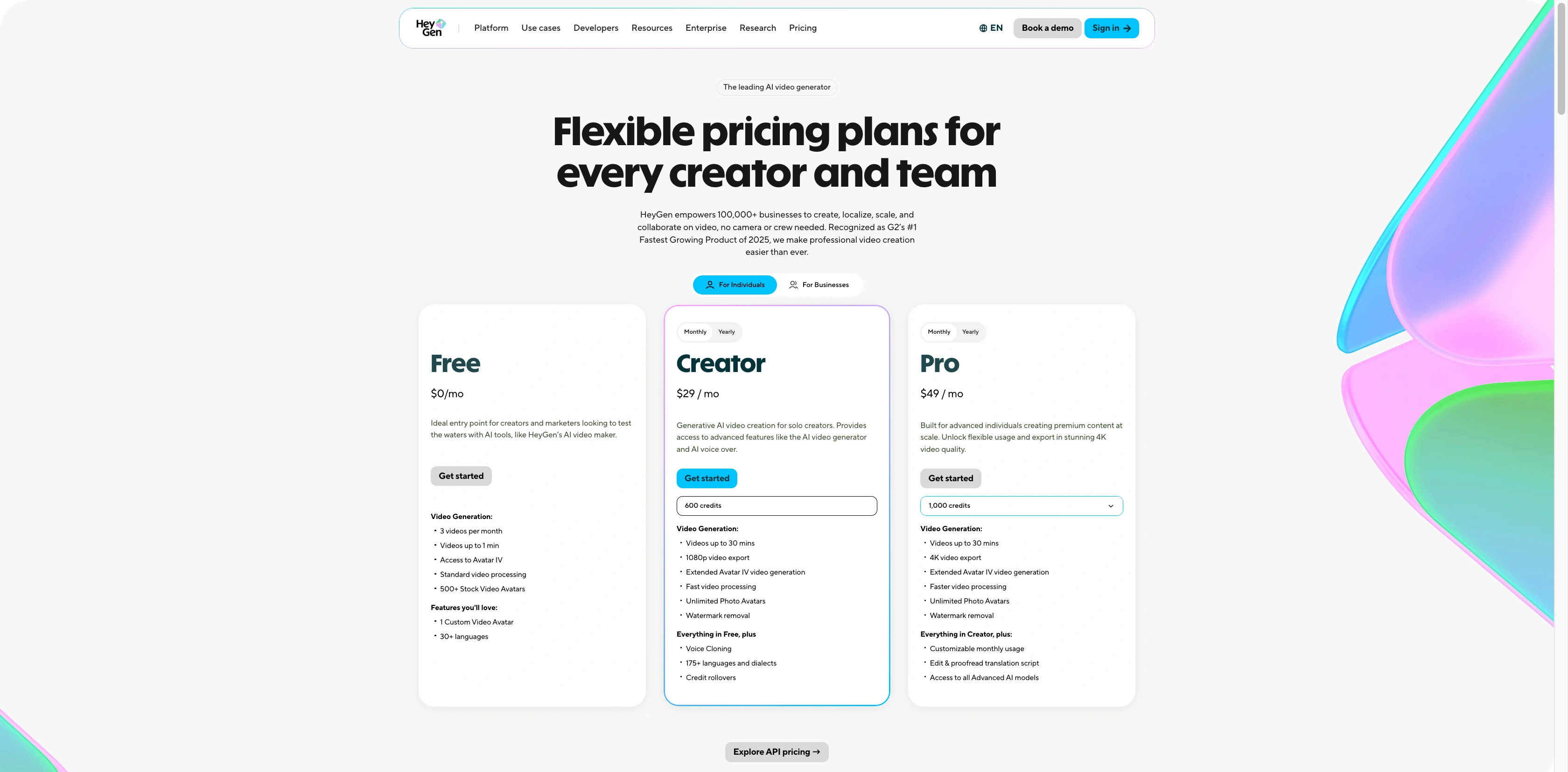 HeyGen monthly Free, Creator and Pro plan cards