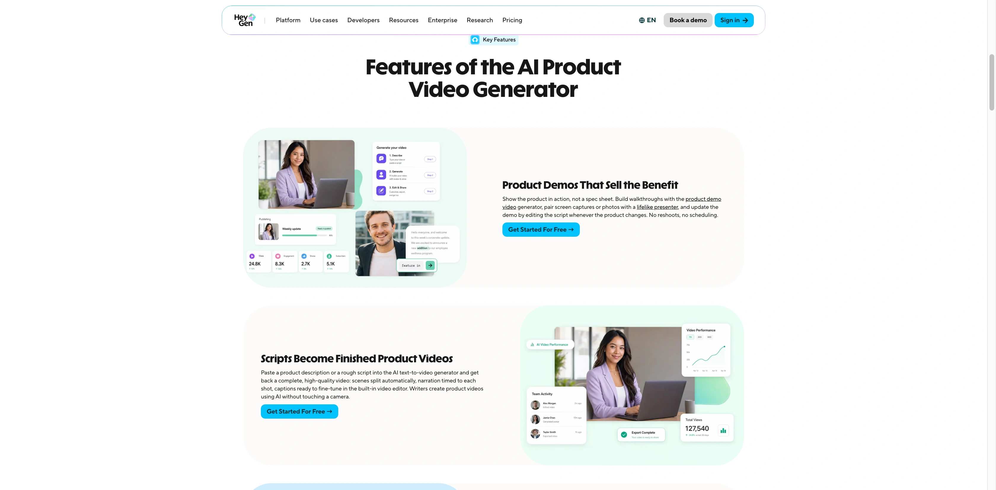 HeyGen official product demo page with a presenter and demo description