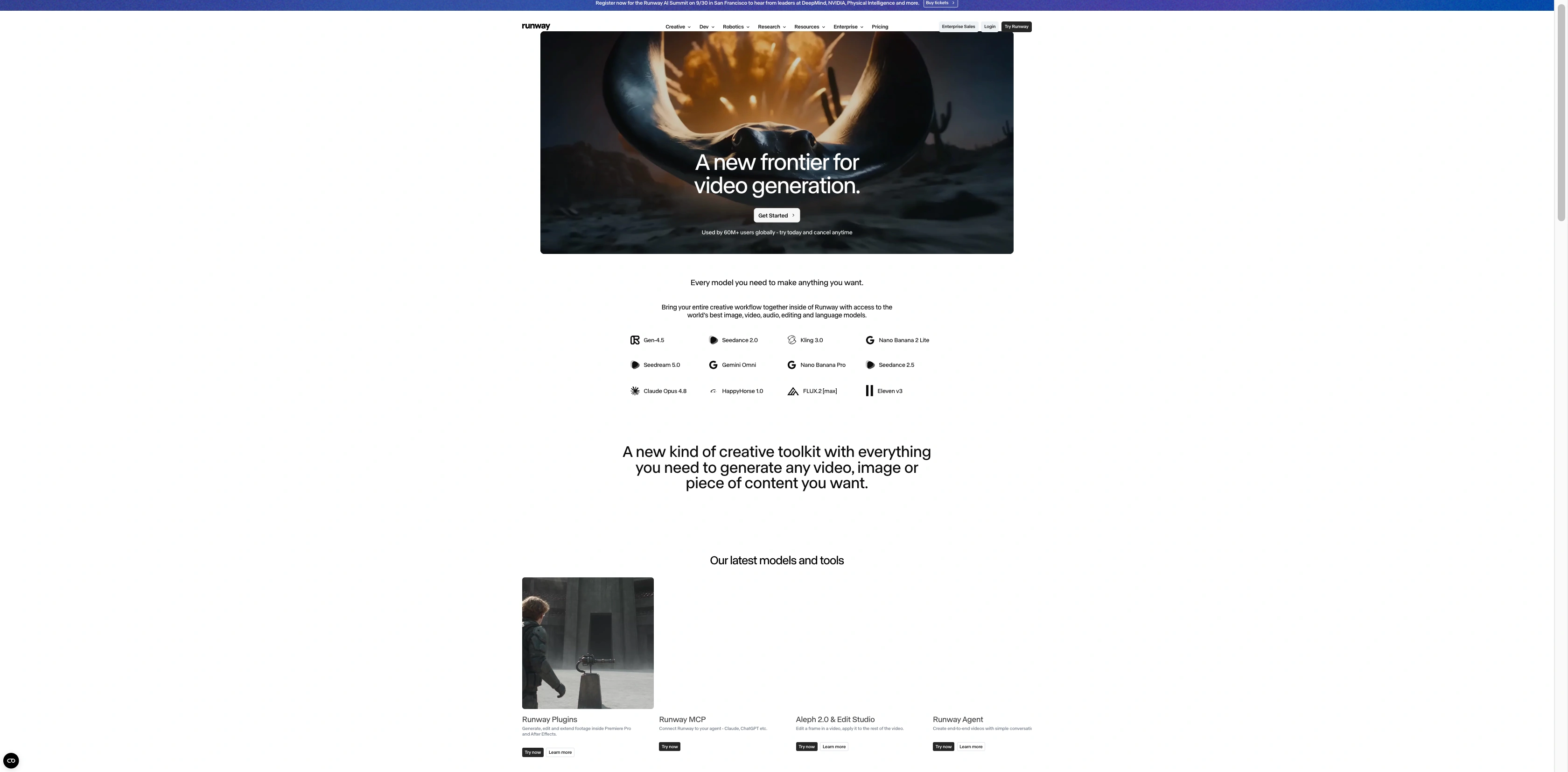 Runway official Creative page introducing its all-in-one cloud creative suite.