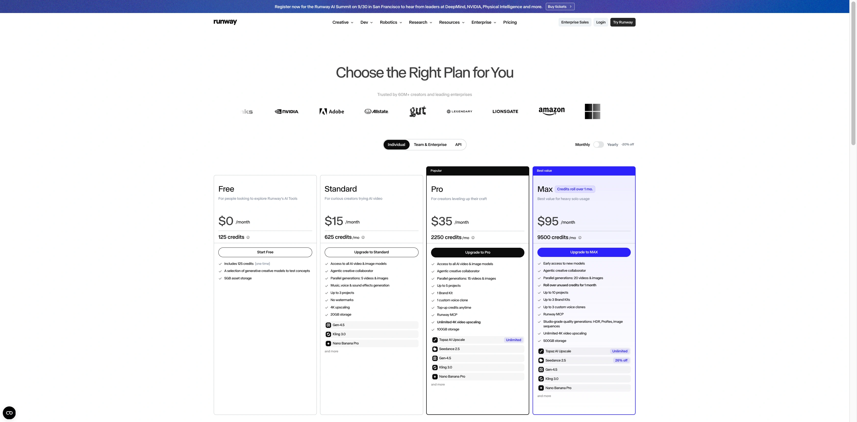 Runway monthly pricing plans and credit allowances