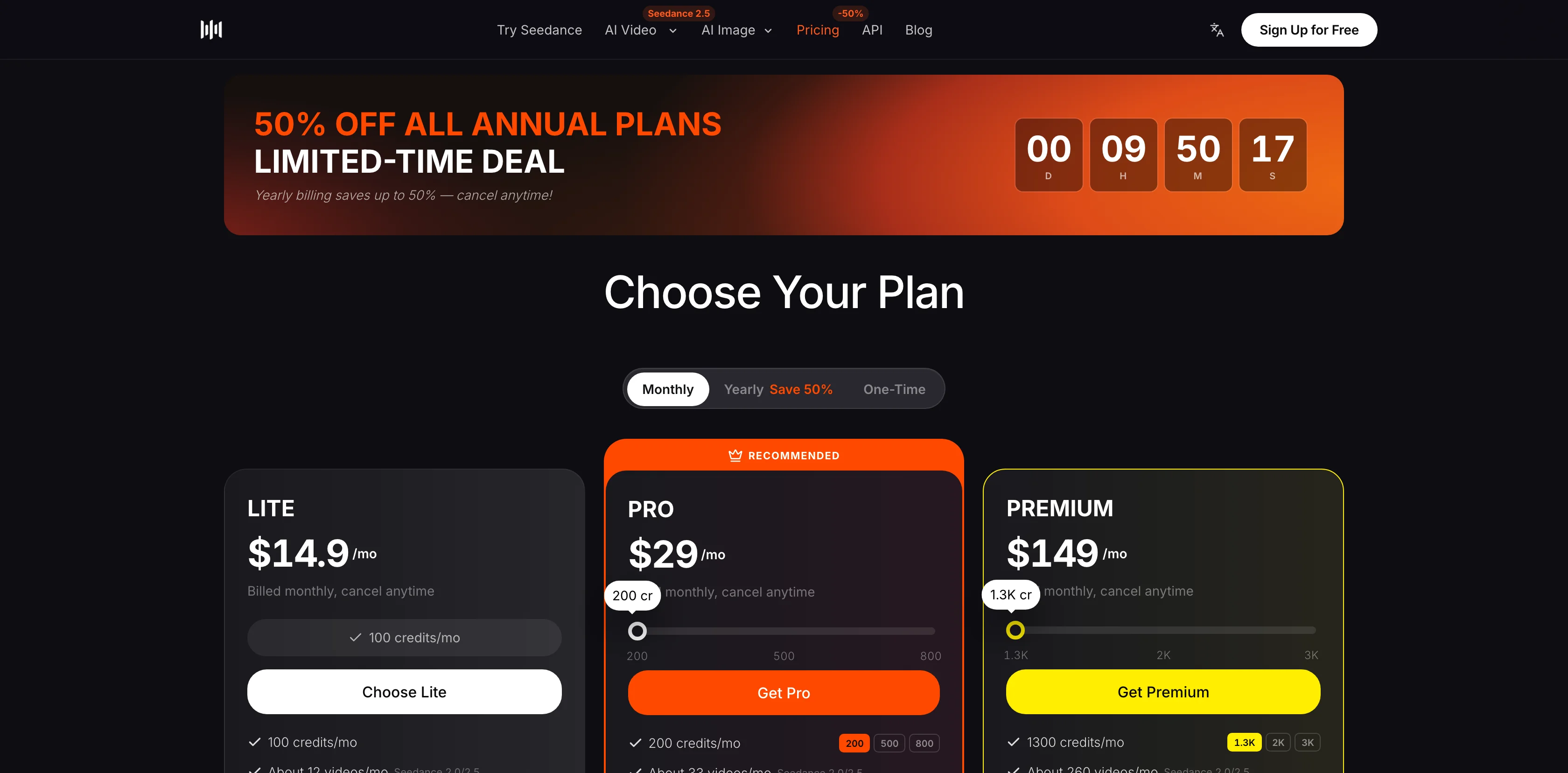 SeedVideo AI monthly plans showing Lite, Pro and Premium prices