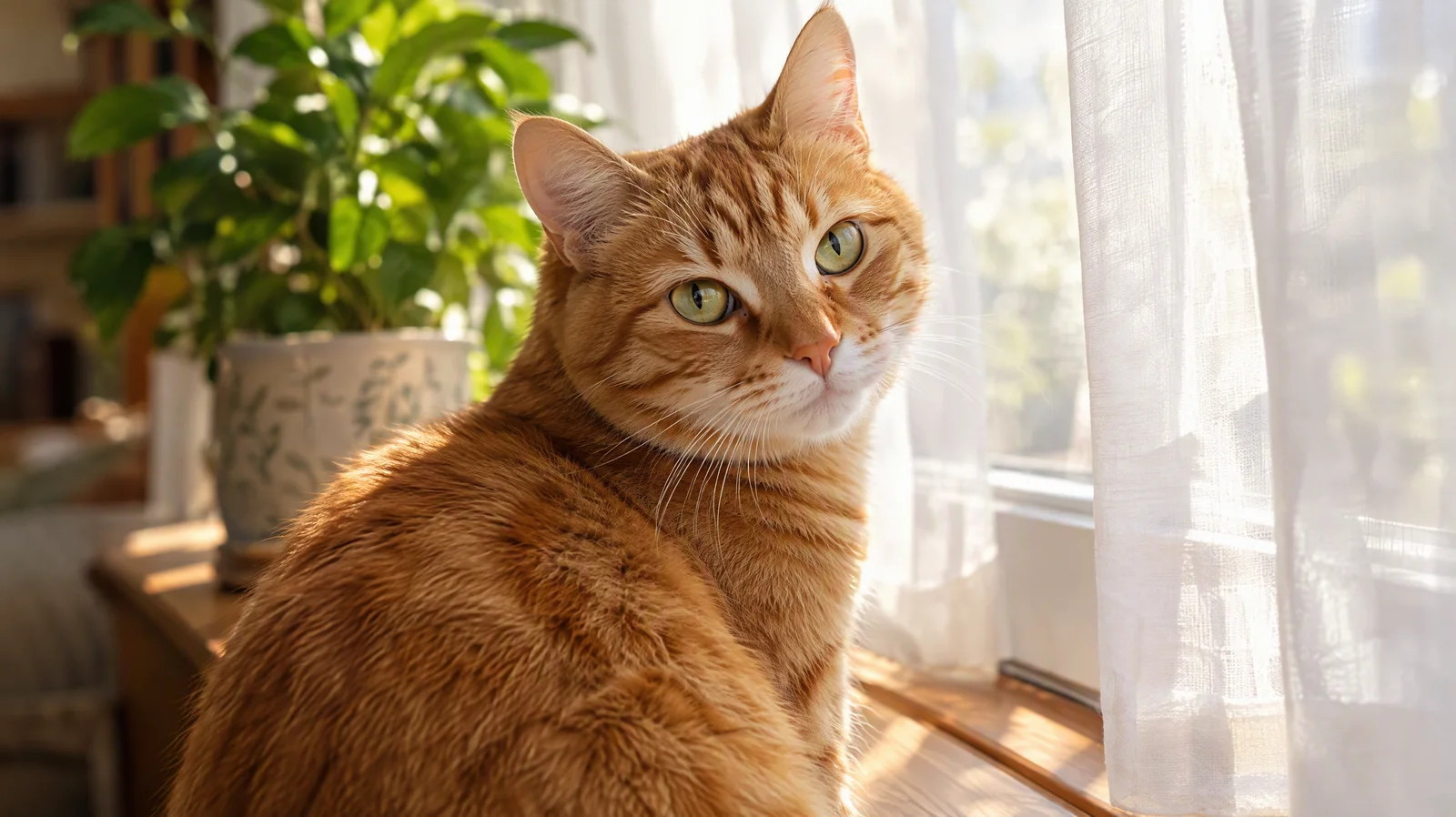 Gato atigrado naranja sobre un alféizar de madera soleado mirando a cámara, con cortinas blancas translúcidas y una planta detrás